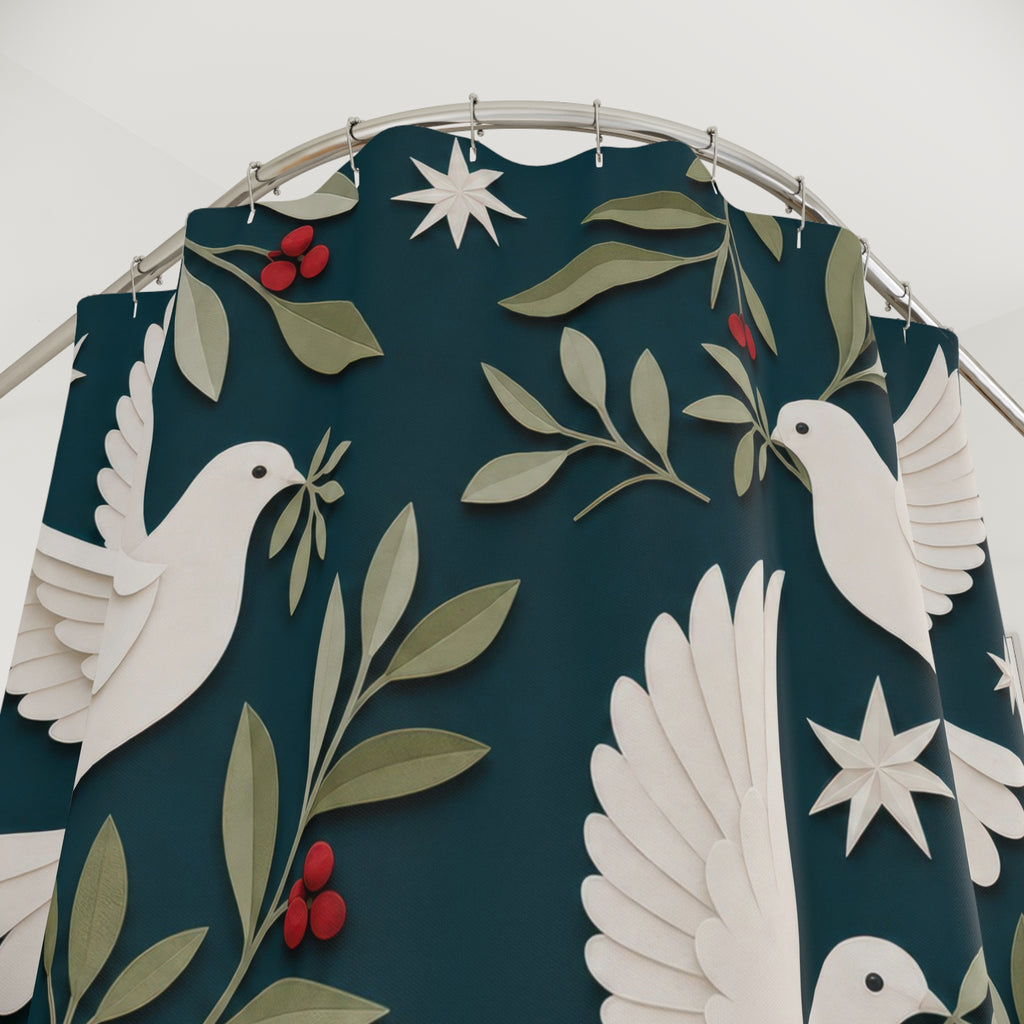 Christmas Dove Shower Curtain, Teal White Paper Cut Holiday Pattern, Olive Branch Winter Bathroom Decor, Elegant Festive Guest Bath