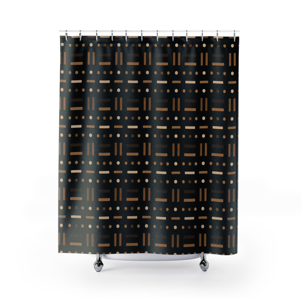 Black Geometric Shower Curtain, Brown Cream Grid Bath Decor, Modern Dash Pattern, Graphic Neutral Bathroom Decor, Repeating Line Style