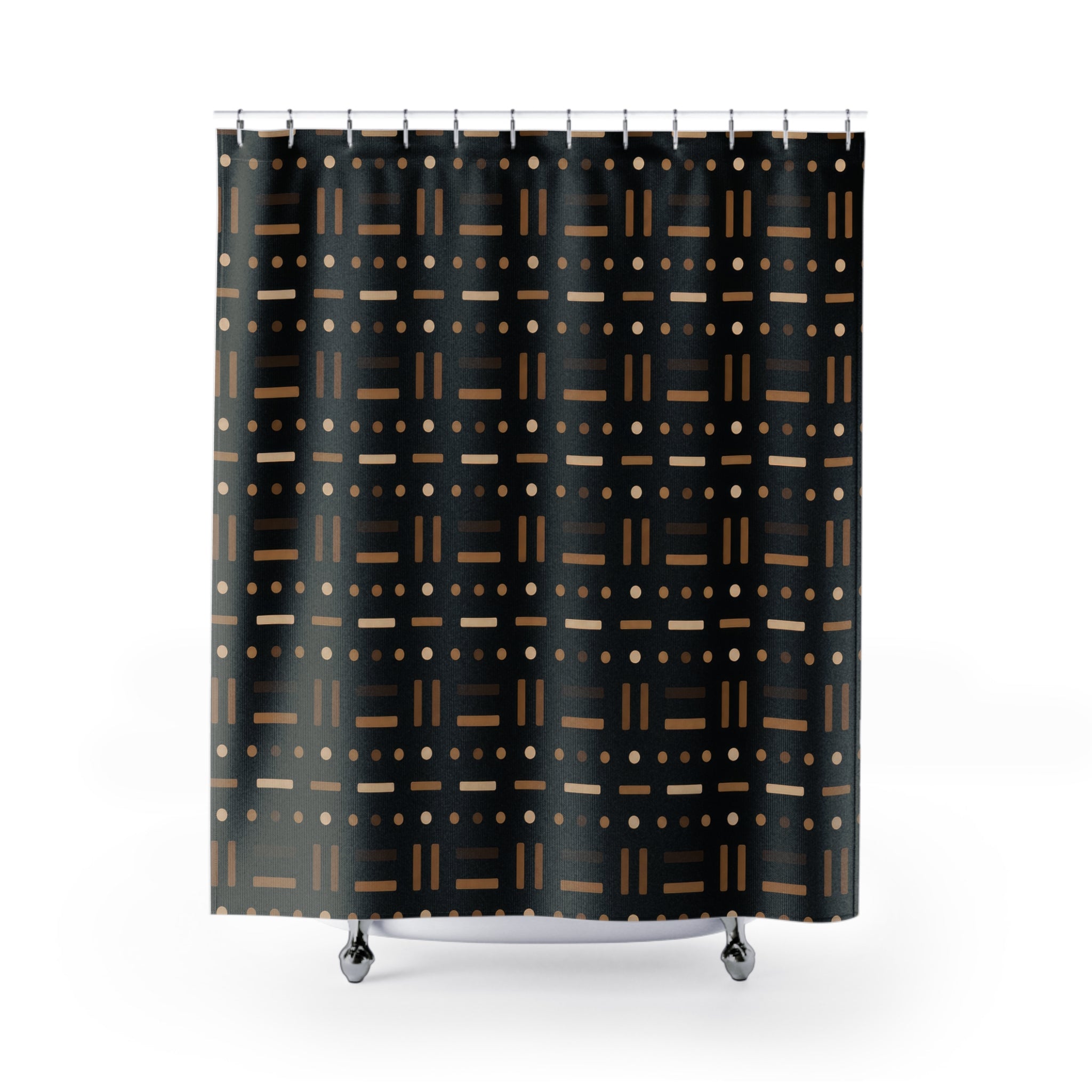 Black Geometric Shower Curtain, Brown Cream Grid Bath Decor, Modern Dash Pattern, Graphic Neutral Bathroom Decor, Repeating Line Style