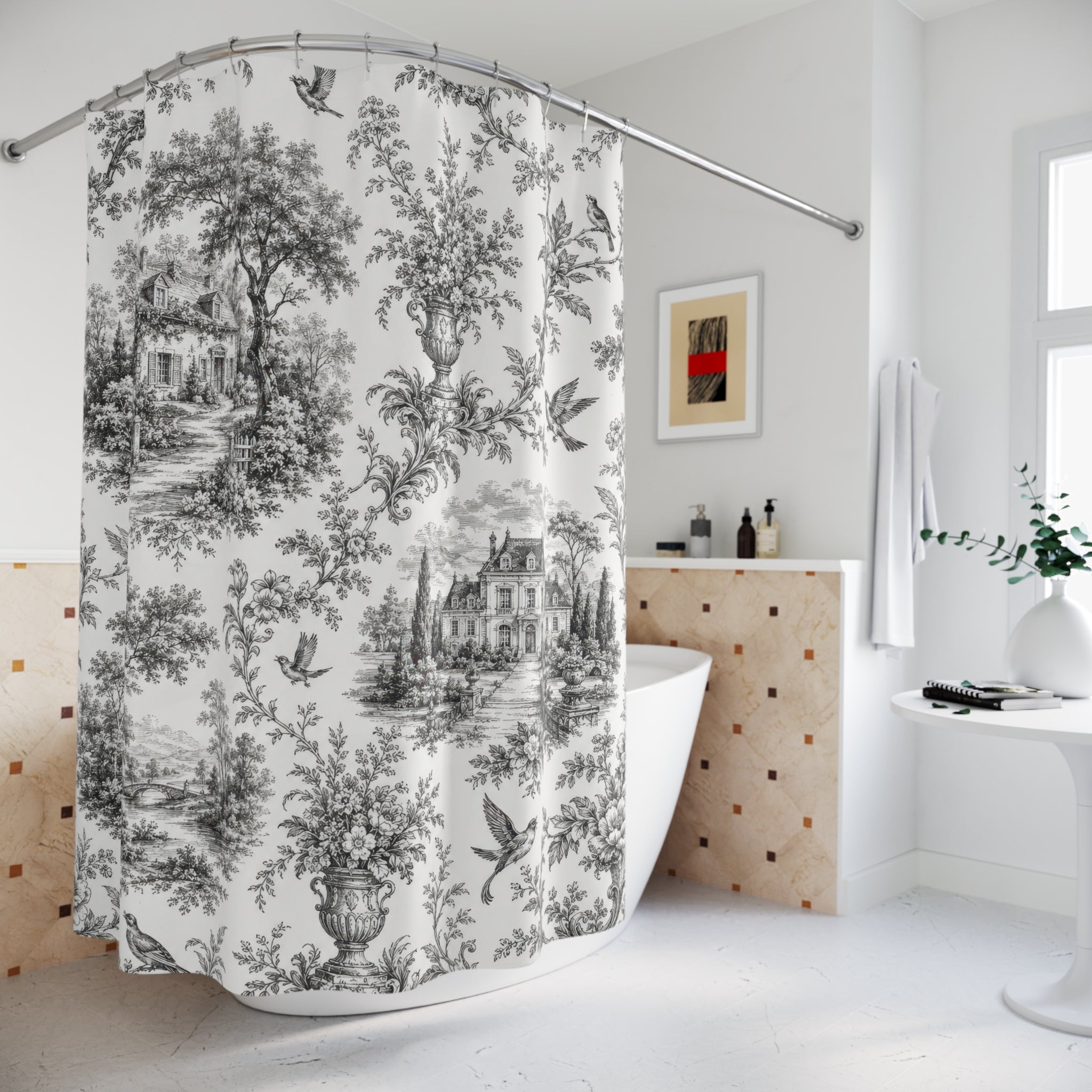 Black and White Toile Shower Curtain: French Country