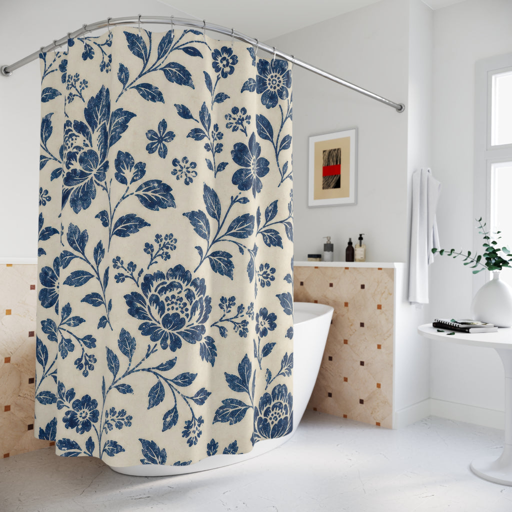 Navy Blue Botanical Flower Shower Curtain