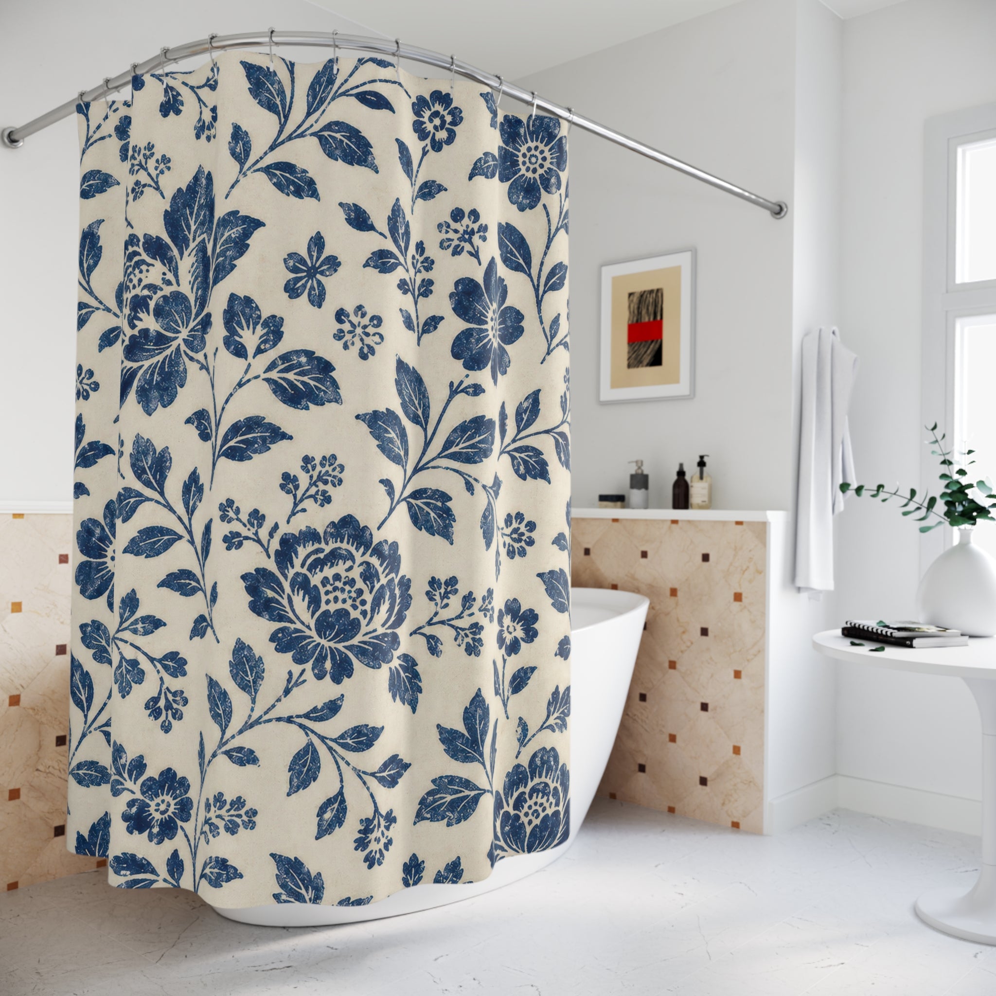 Navy Blue Botanical Flower Shower Curtain