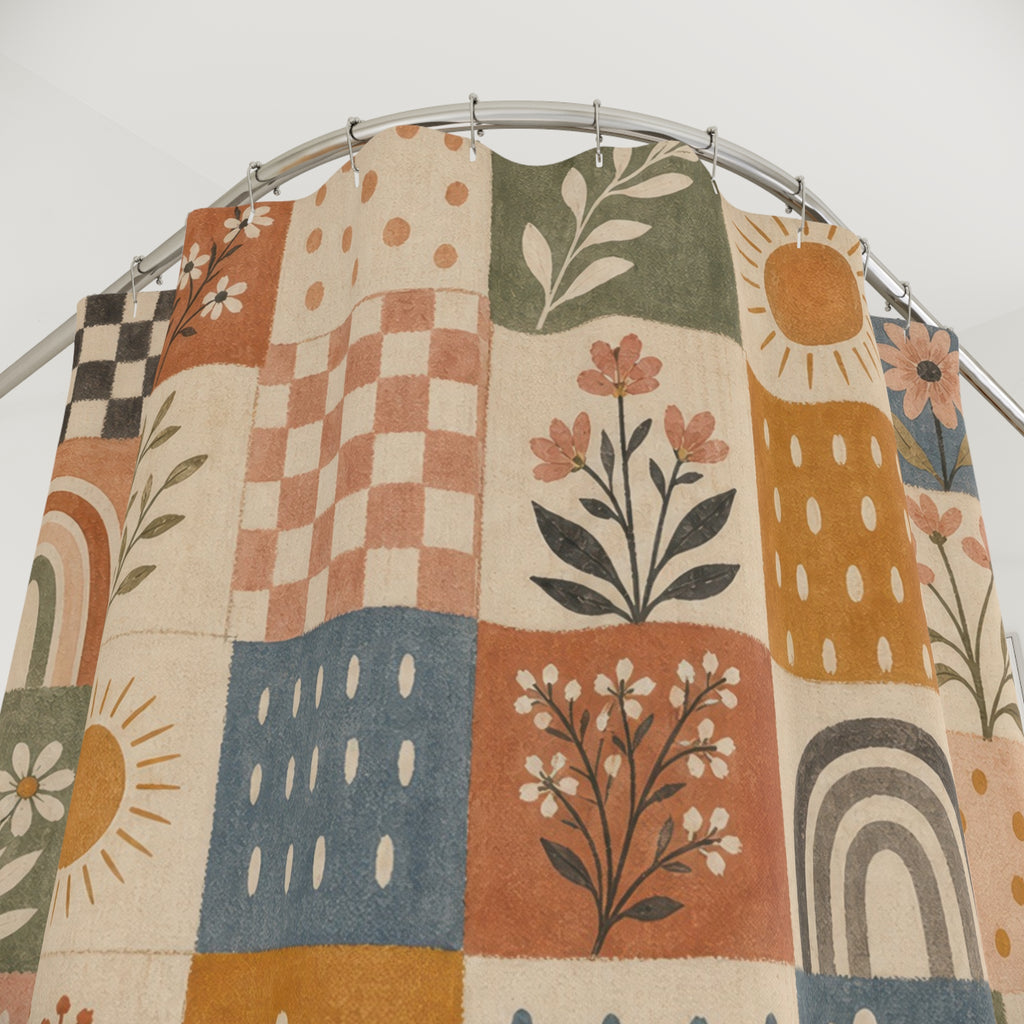 Checkered Boho Floral Shower Curtain
