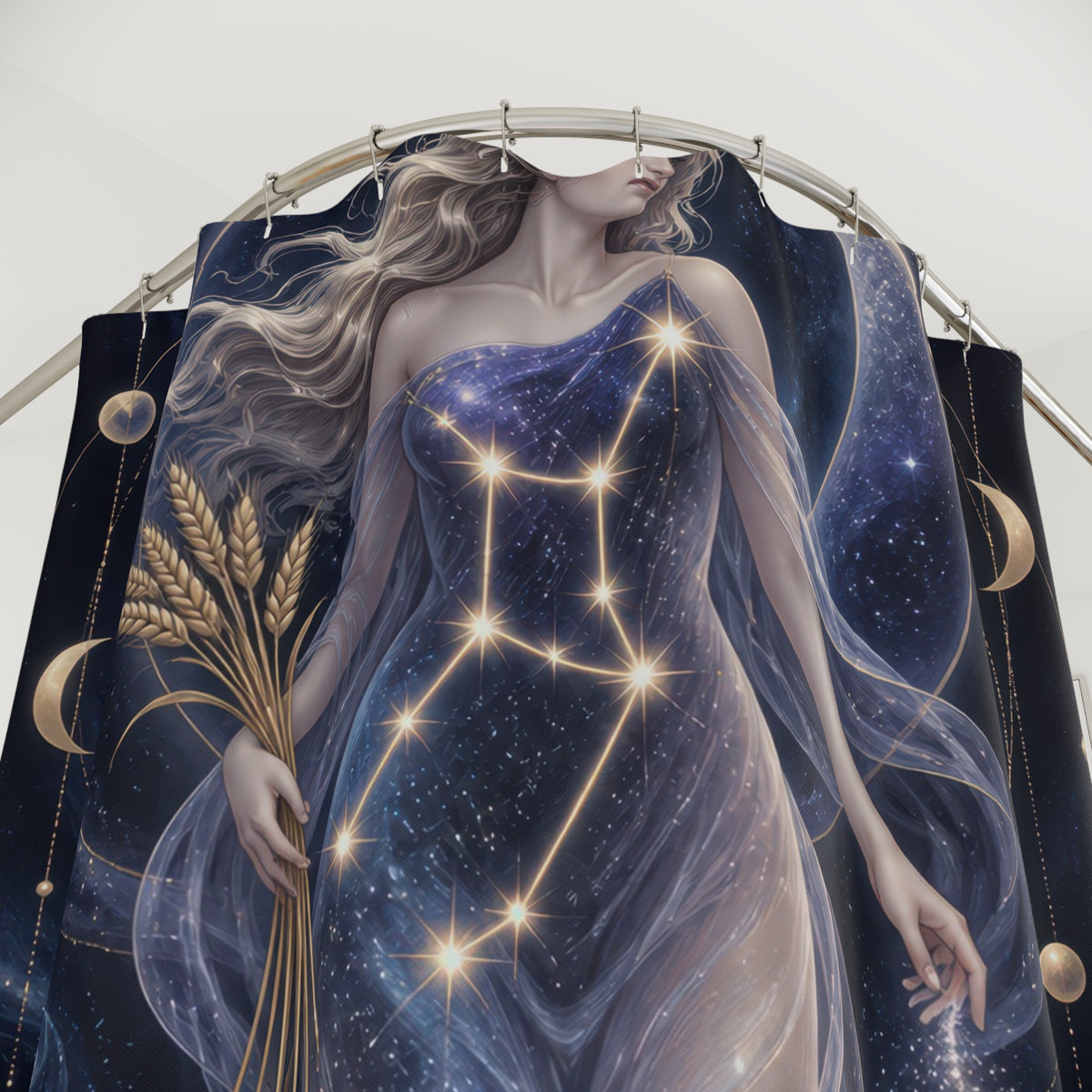 Flowing Virgo maiden in navy and violet stars shower curtain with close-up print, hooks, and folds