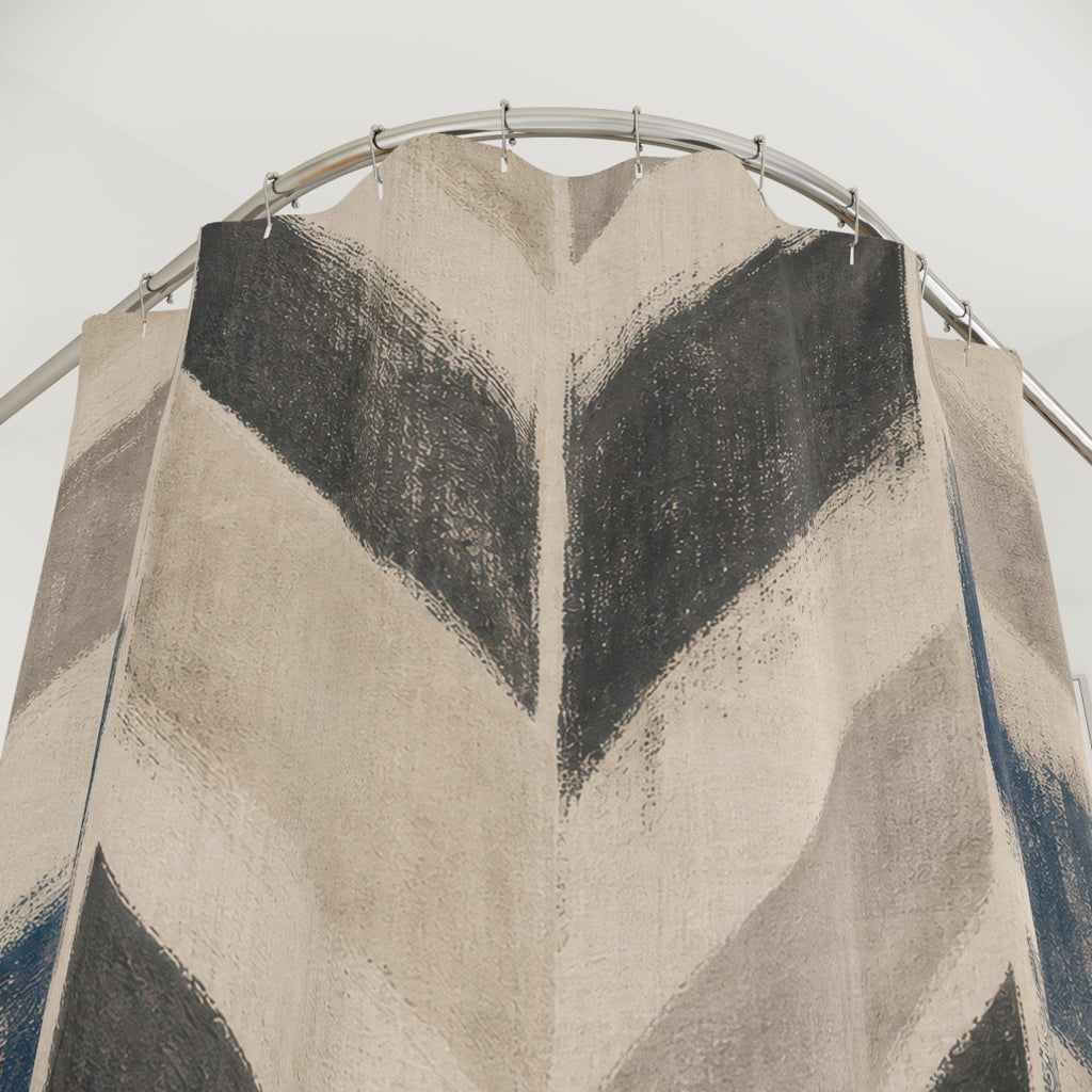Herringbone Shower Curtain, Beige Charcoal Blue Chevron Pattern, Modern Farmhouse Bathroom Decor, Neutral Guest Bath Style