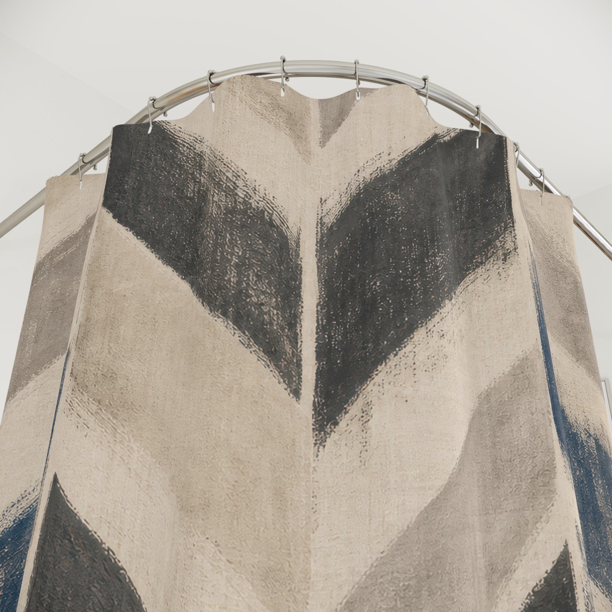 Herringbone Shower Curtain, Beige Charcoal Blue Chevron Pattern, Modern Farmhouse Bathroom Decor, Neutral Guest Bath Style
