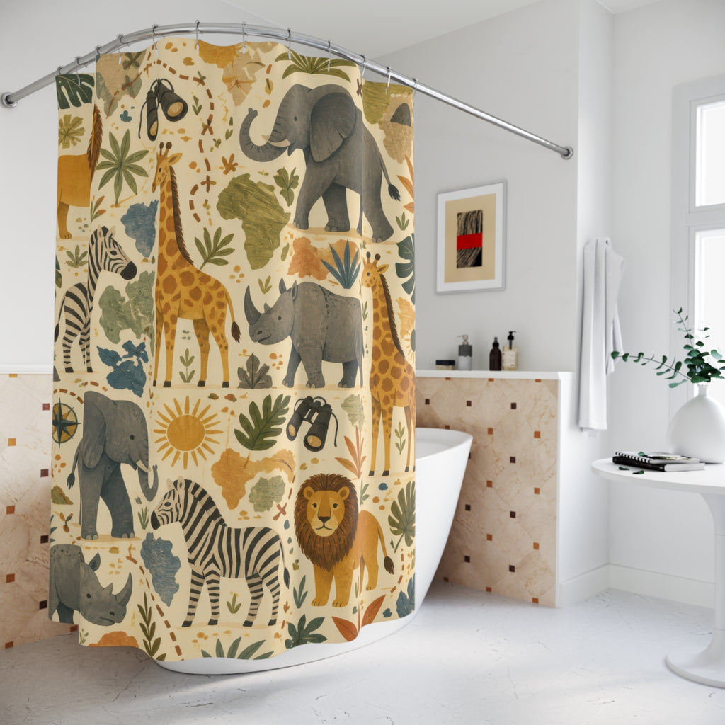 Safari Animal Shower Curtain, Neutral Kids Bathroom Decor, Lion Elephant Bath Curtain, Boys Bathroom Decor, Jungle Style, Playful Style