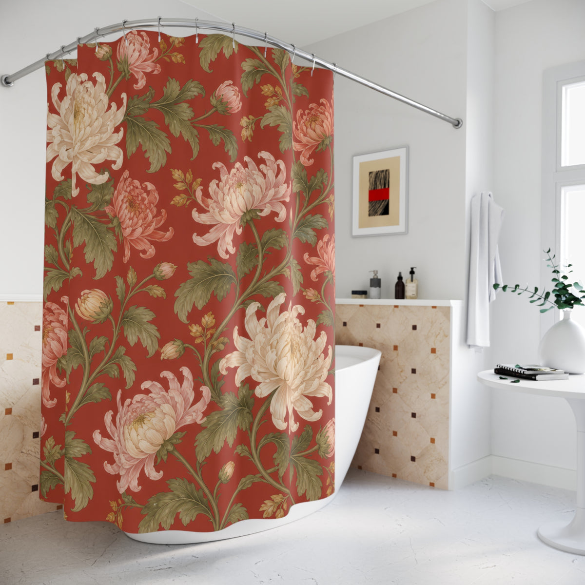 Cream and pink Chinoiserie chrysanthemums on red shower curtain beside a freestanding tub