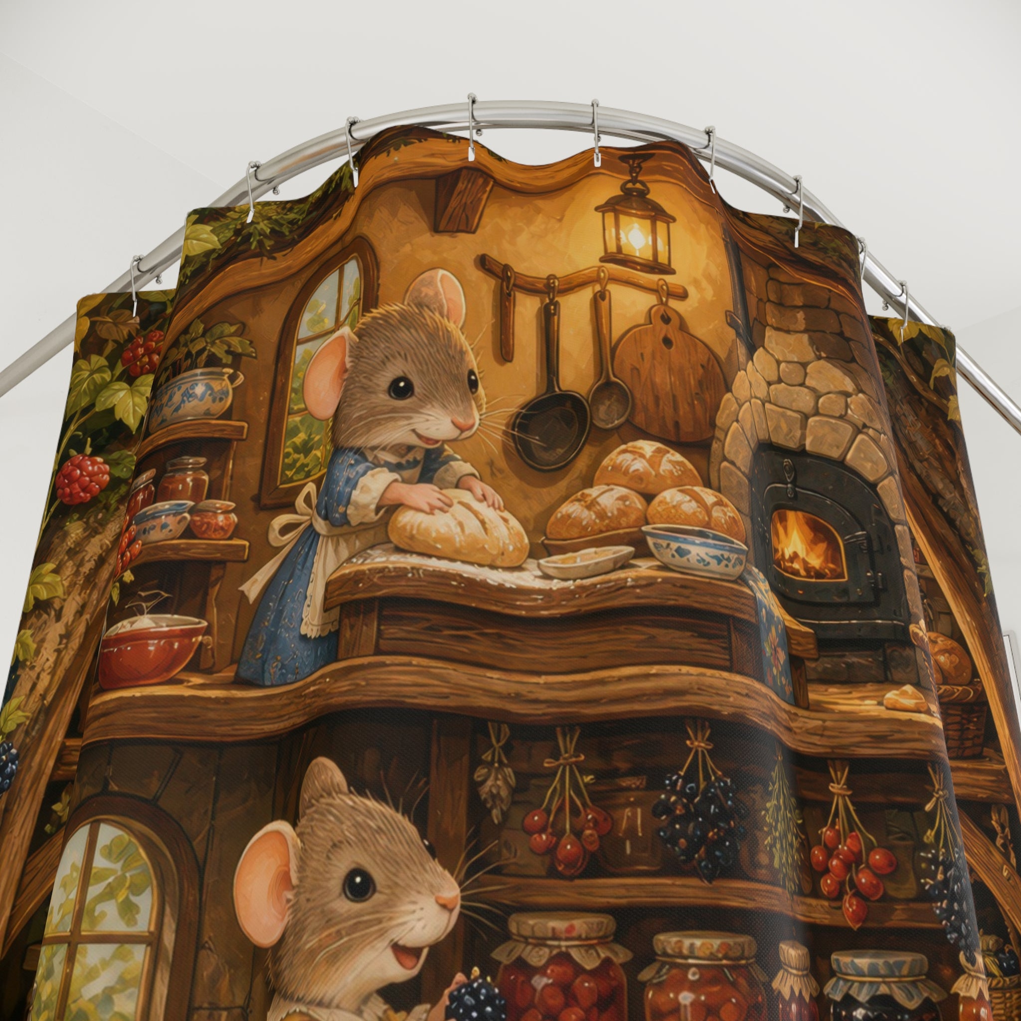 Close-up of Woodland mice baking bread and sharing tea in a rustic pantry shower curtain with hooks and folds
