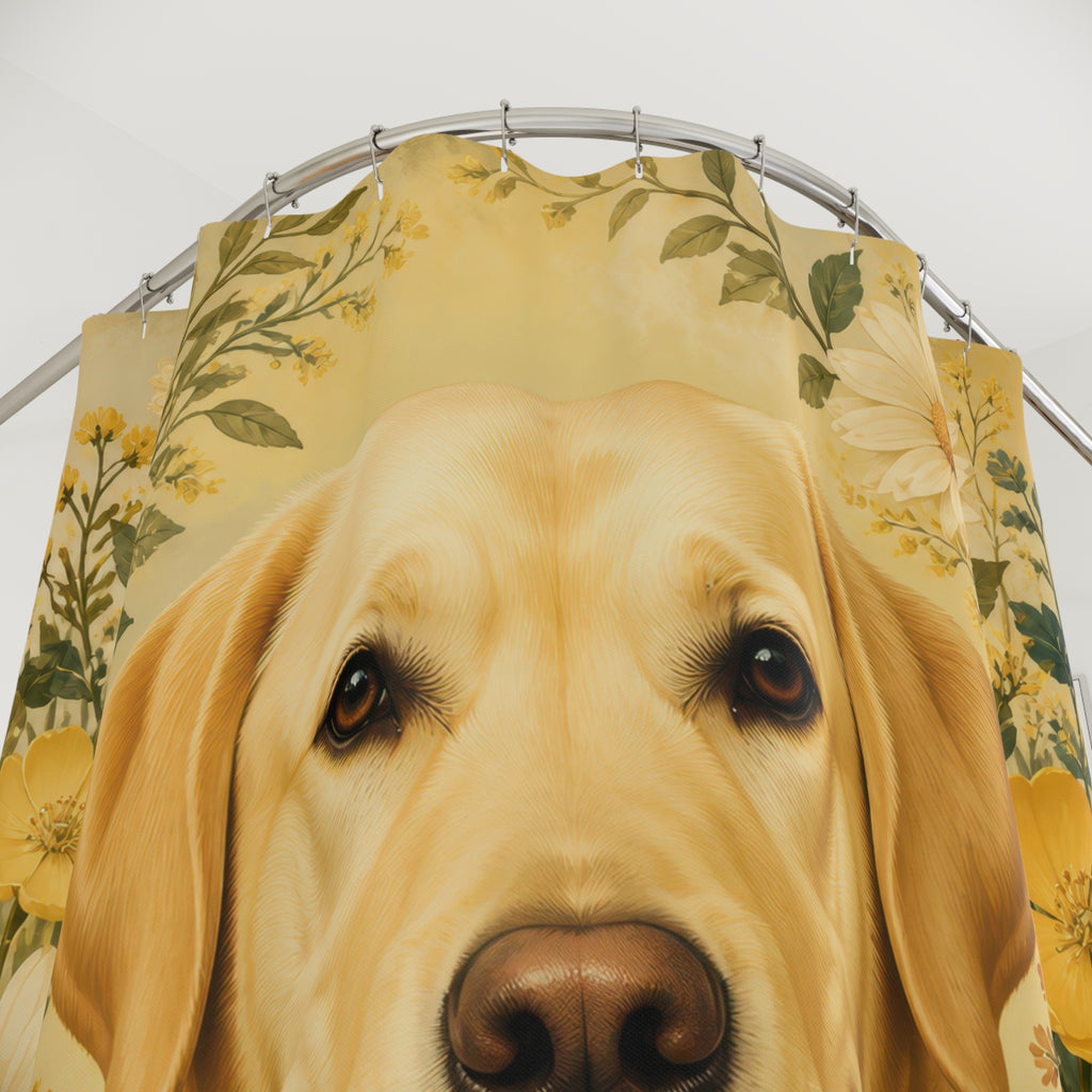 Yellow Labrador portrait framed by cream daisies shower curtain with close-up print, hooks, and folds