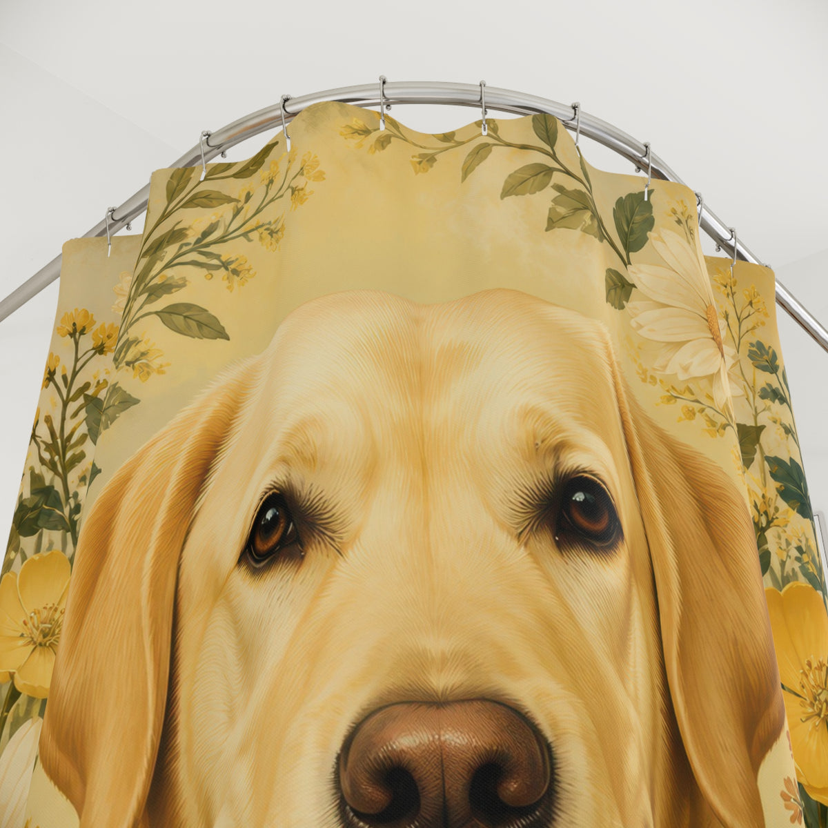 Yellow Labrador portrait framed by cream daisies shower curtain with close-up print, hooks, and folds