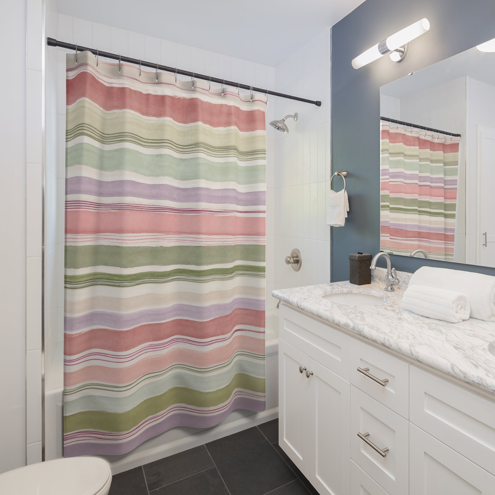 Blush Sage Lavender Watercolor Stripe Shower Curtain