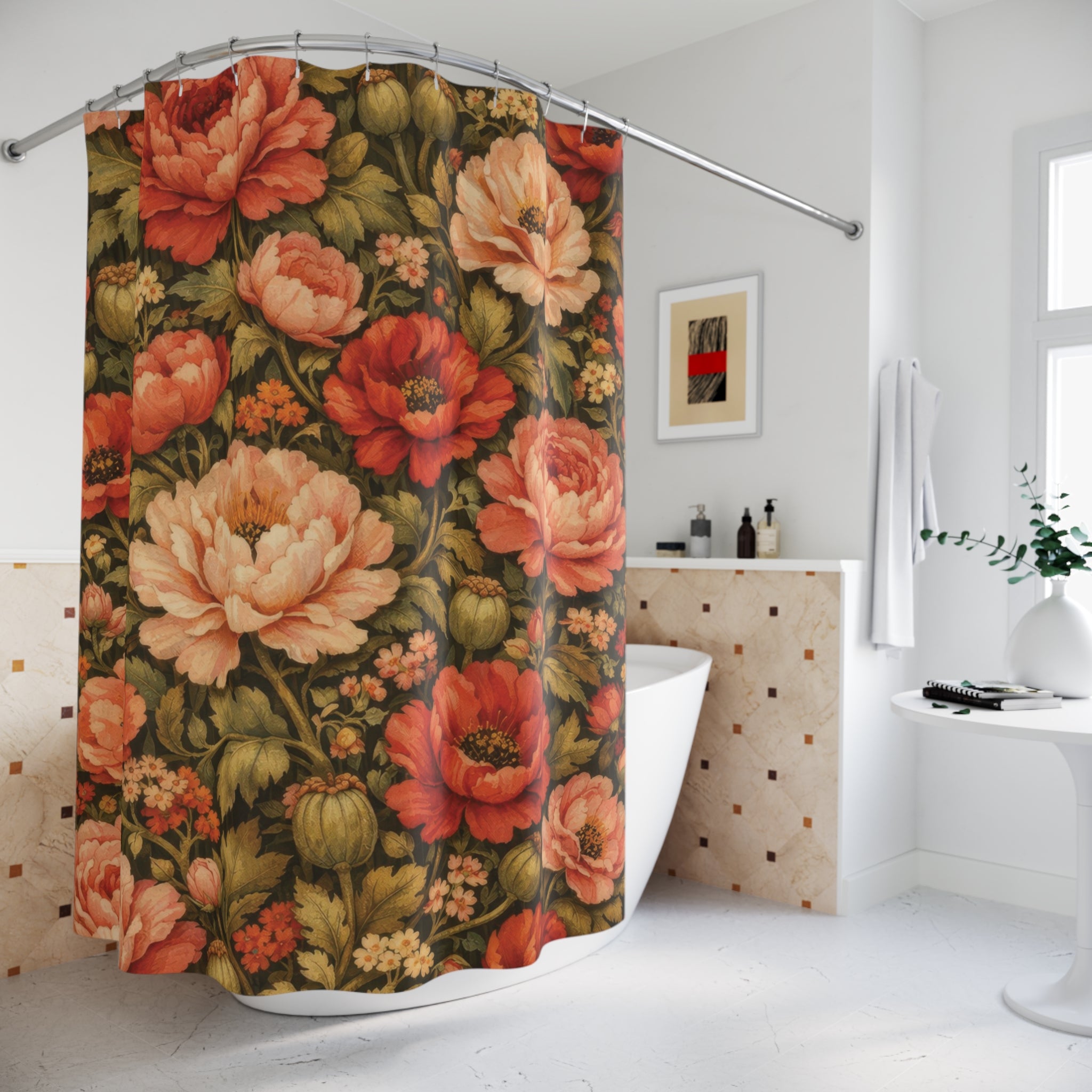 Red Peony Poppy Shower Curtain – Vintage Floral Garden