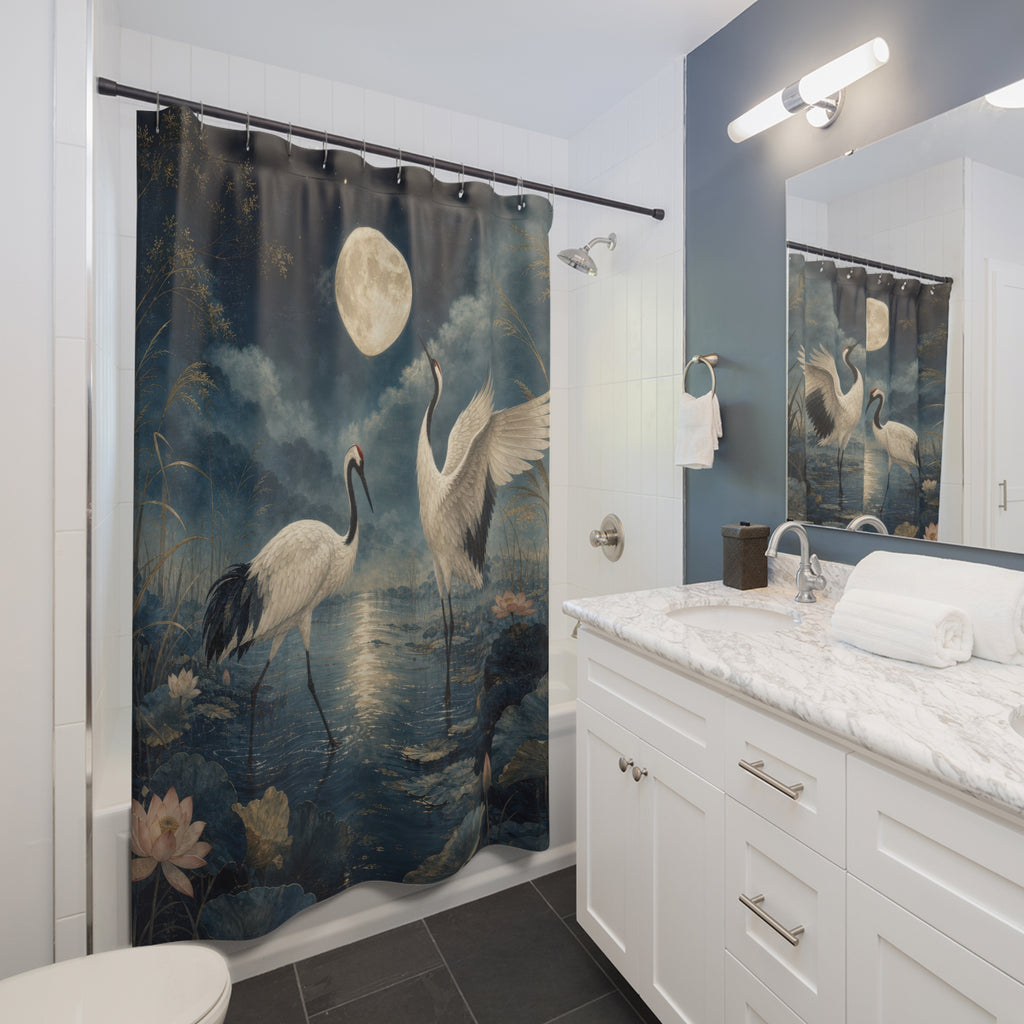 Moonlit Crane Lagoon Shower Curtain