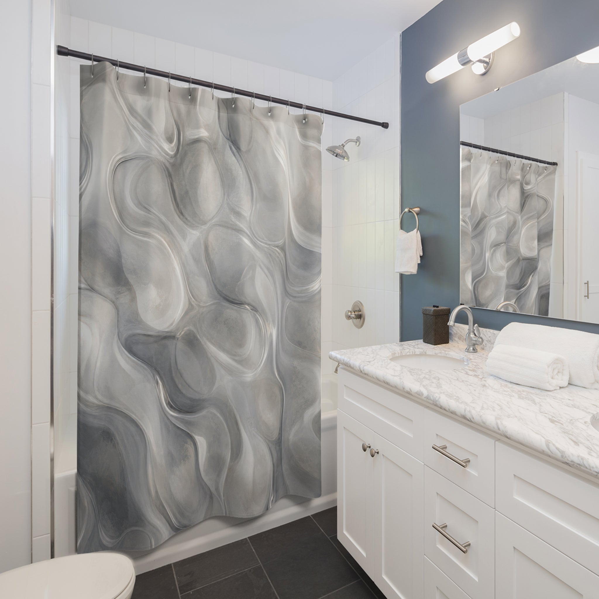 Abstract Shower Curtain, Gray Modern Bath Decor, Liquid Marble Pattern, Soft Spa Guest Bathroom Decor, Modern Neutral Marble Style