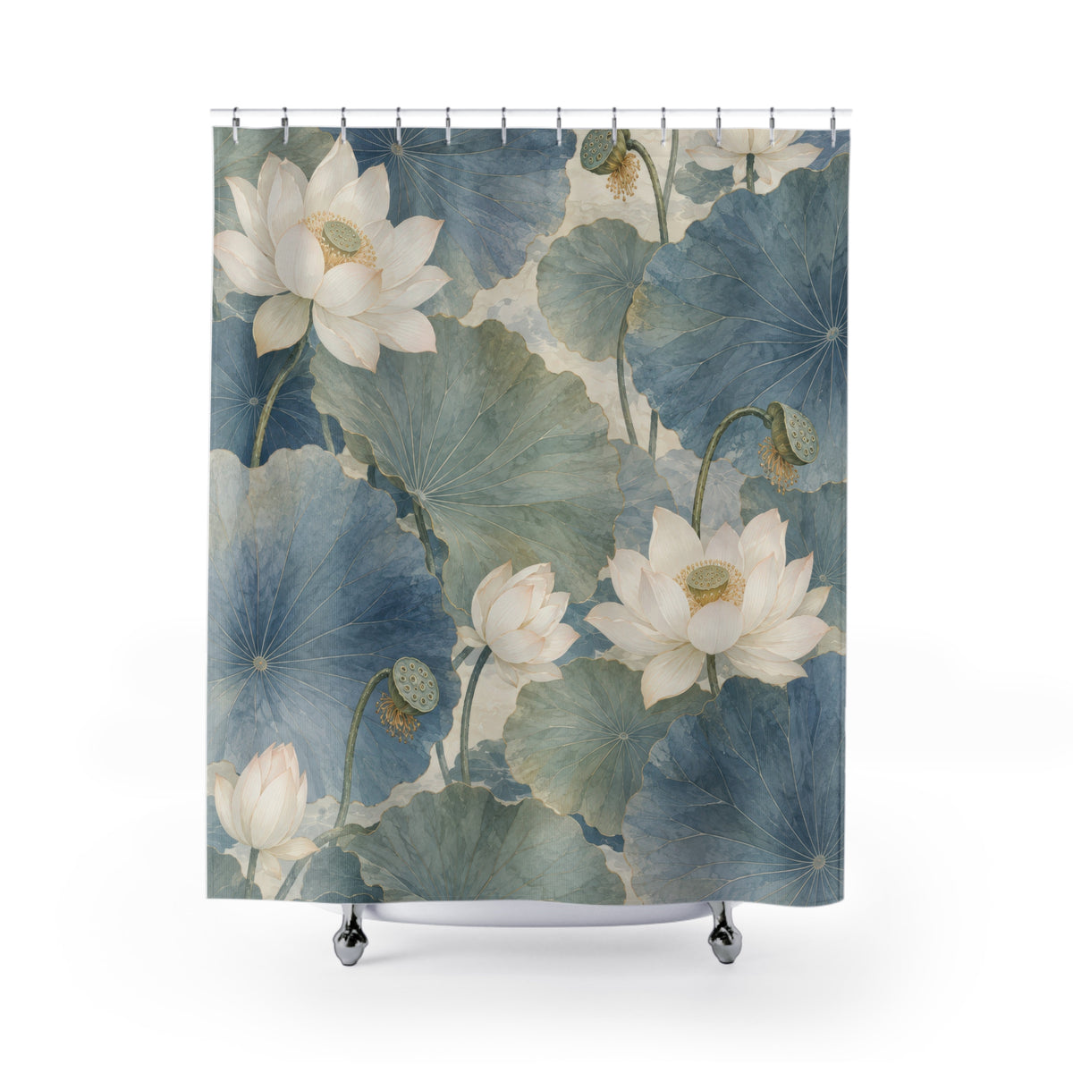 White lotus with blue and sage Chinoiserie leaves shower curtain with full front view