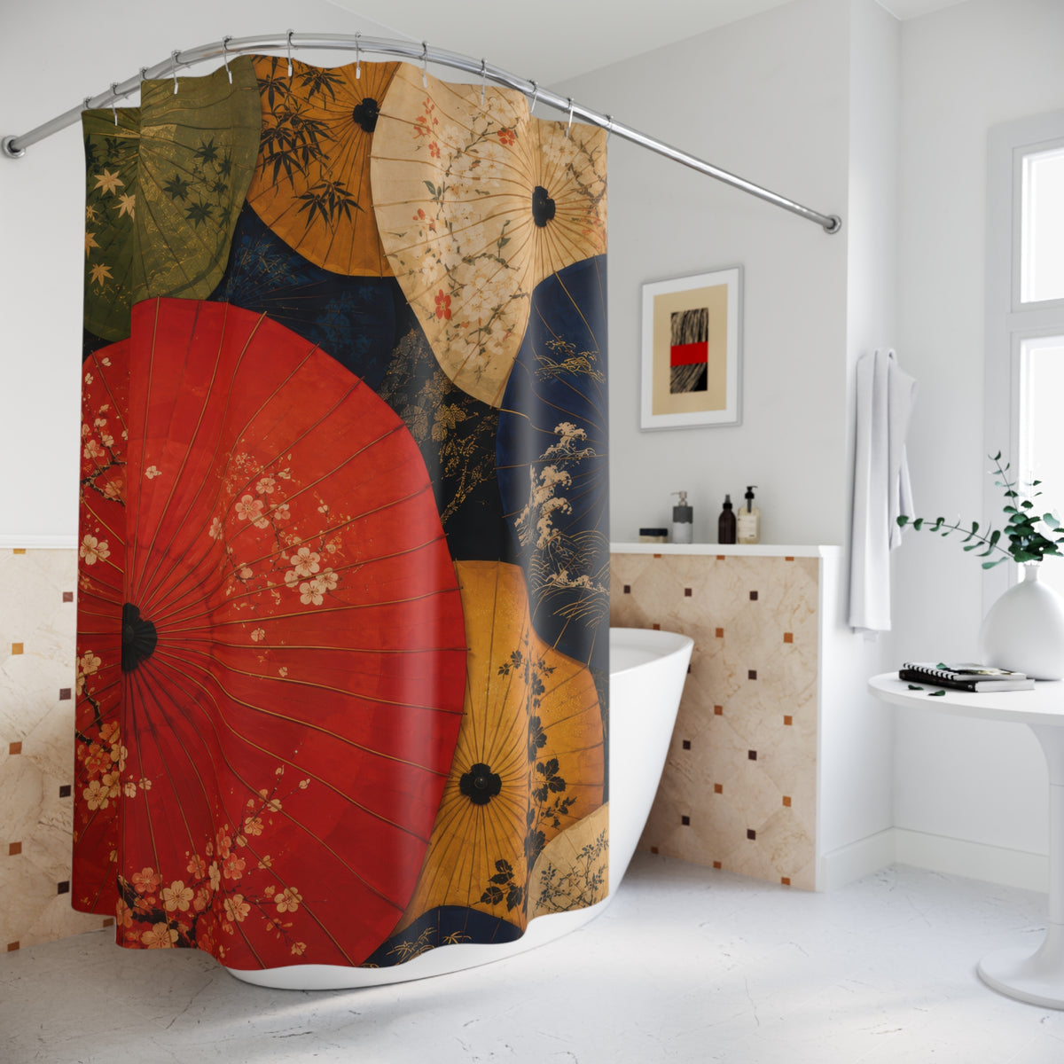 Colorful Japanese wagasa parasol canopy shower curtain beside a freestanding tub