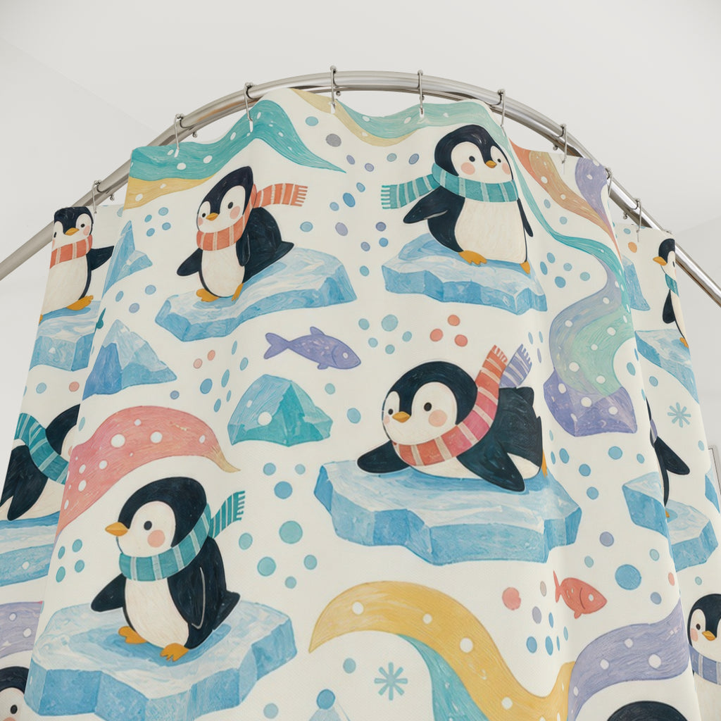 Kids Penguin Shower Curtain, Blue Wave Ocean Animal Pattern, Cute Arctic Bathroom Decor, Playroom Ocean Wall Decor Guest Bath Wall Gift
