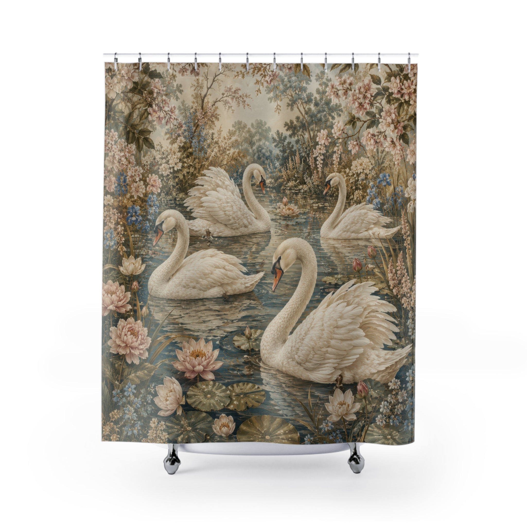 Swan Shower Curtain: Ivory Floral Pond