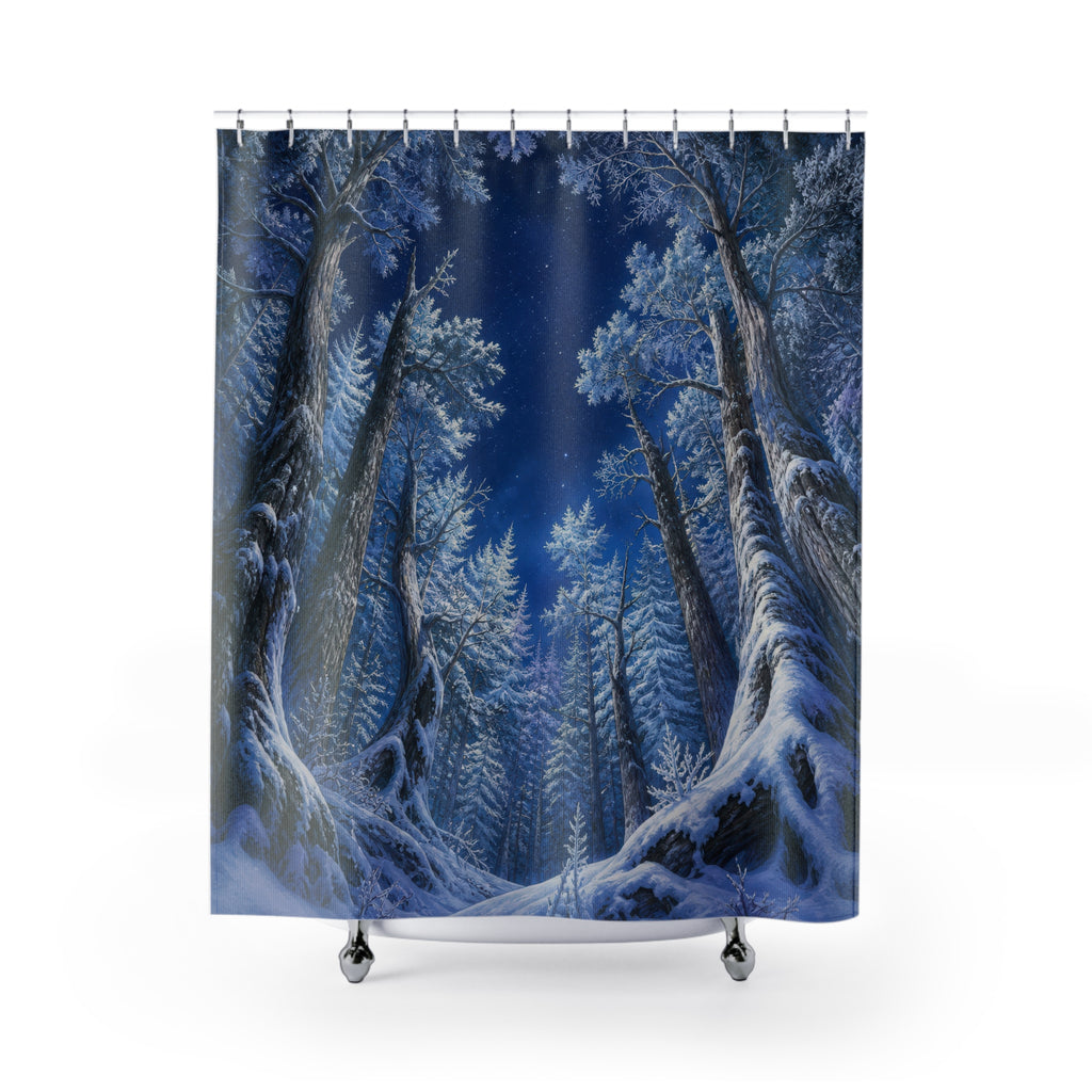 Winter woodland evergreen forest shower curtain with full front view