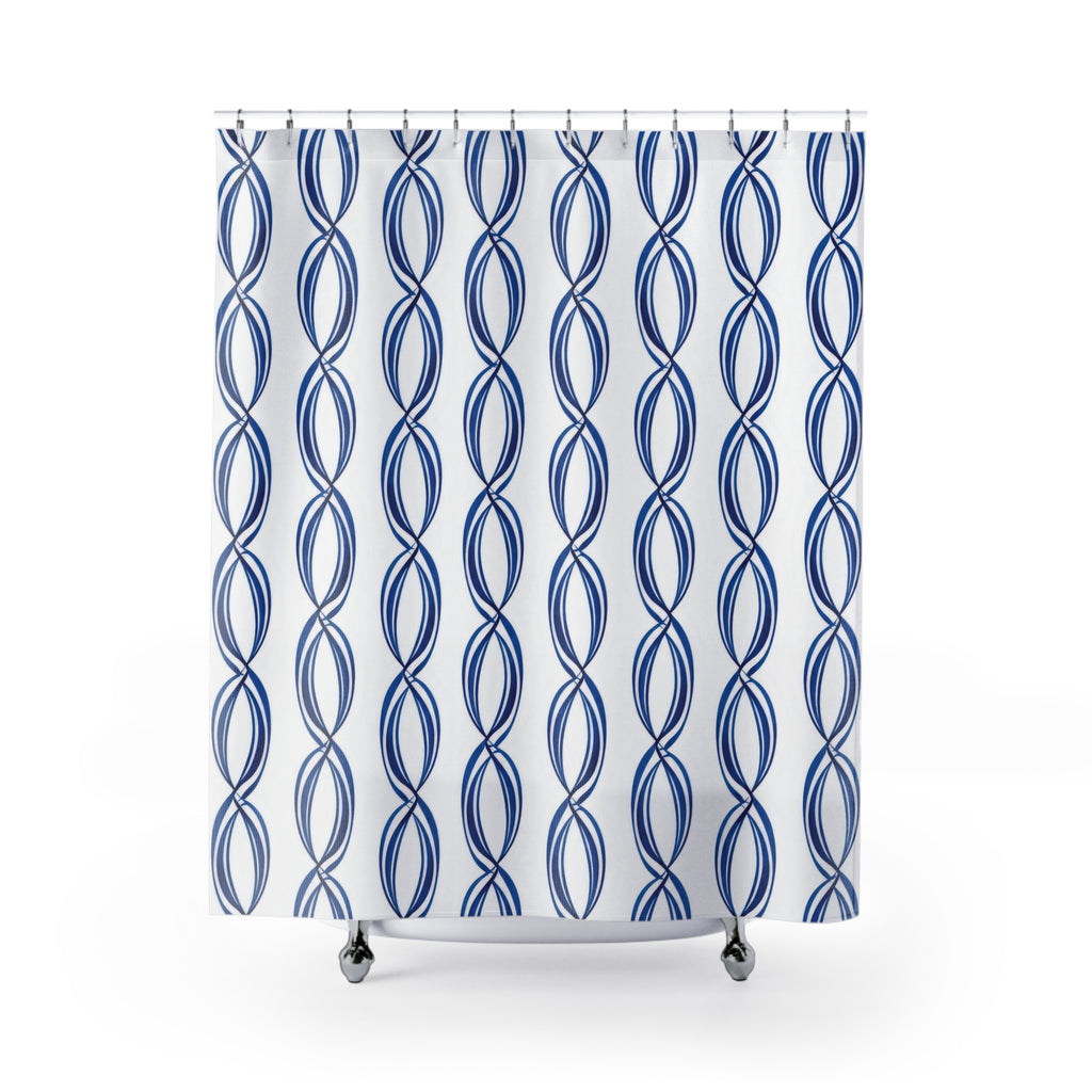 Linked blue oval loops in vertical stripes on white shower curtain with full front view