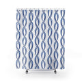 Linked blue oval loops in vertical stripes on white shower curtain with full front view