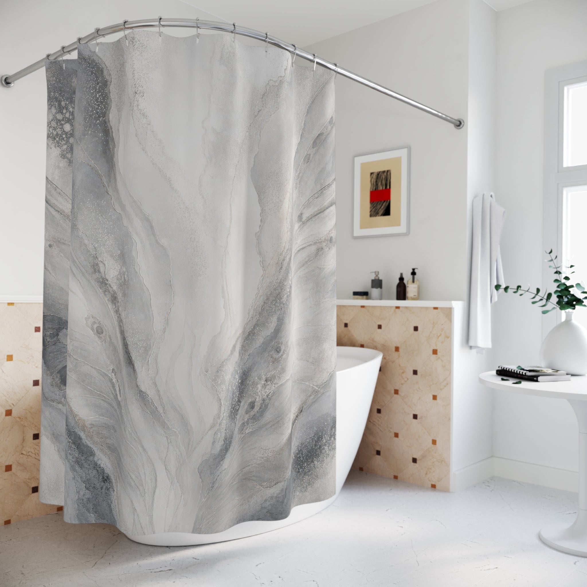 Marble Shower Curtain, Gray Abstract Bath Decor, White Charcoal Fan Pattern, Modern Neutral Guest Bathroom Decor, Soft Spa Marble Style