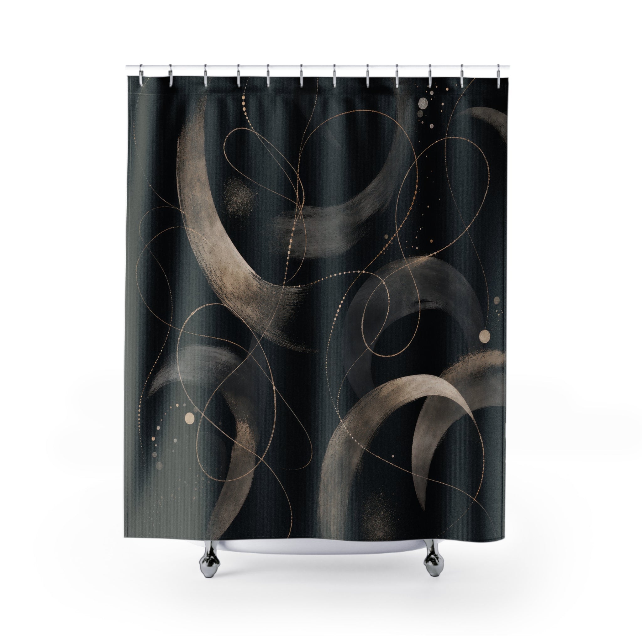 Black Abstract Shower Curtain, Celestial Moon Bath Decor, Cream Gray Crescent Pattern, Moody Modern Bathroom Decor, Dark Art Style