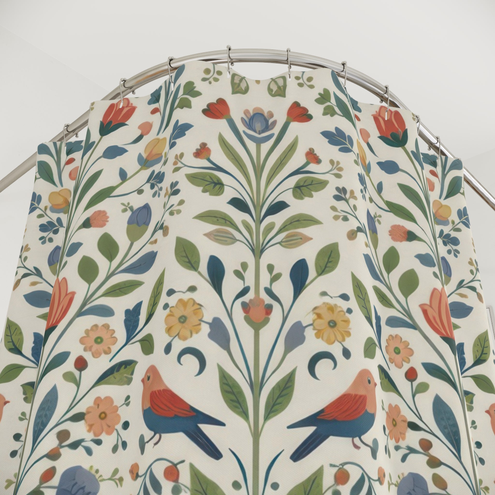 Scandinavian Folk Bird Shower Curtain – Blue and Coral