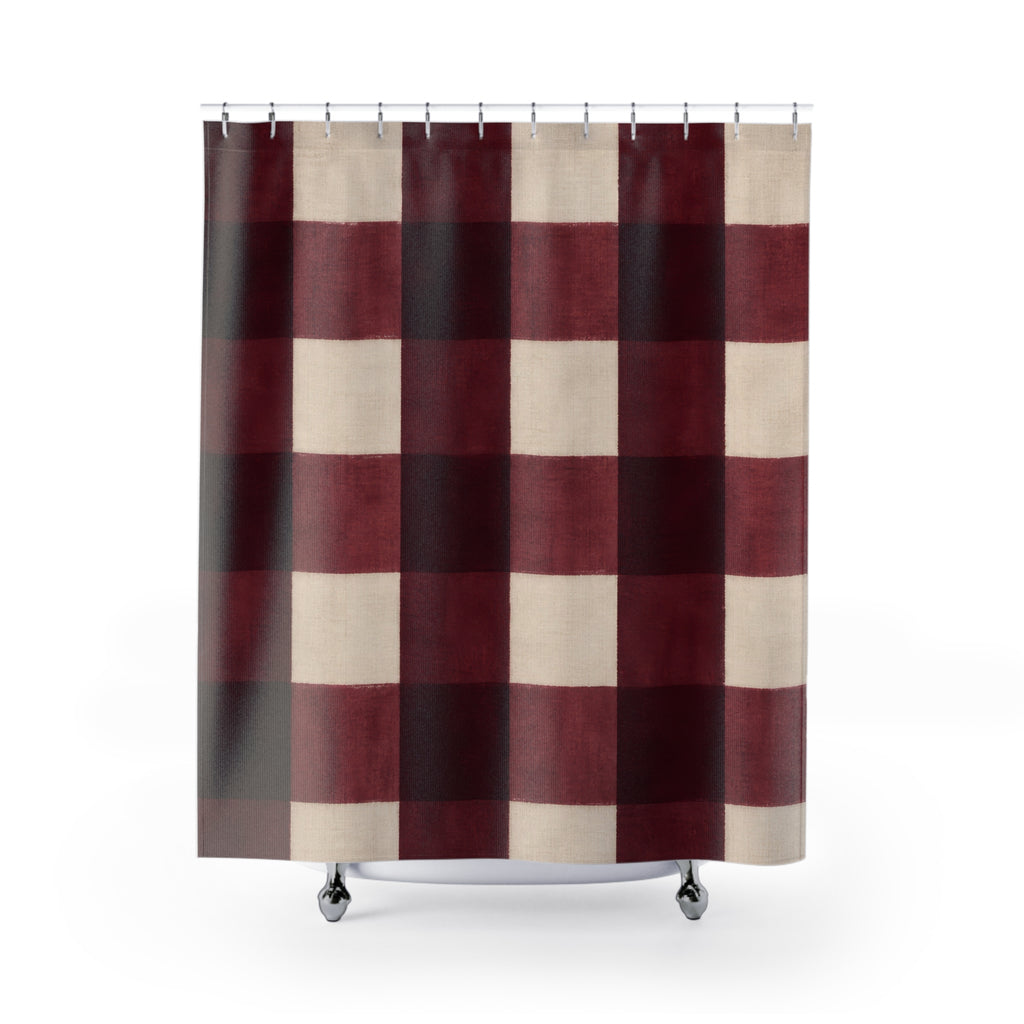 Buffalo Check Shower Curtain, Burgundy Red Cream Plaid Pattern, Farmhouse Bathroom Decor, Country Guest Bath Holiday Style