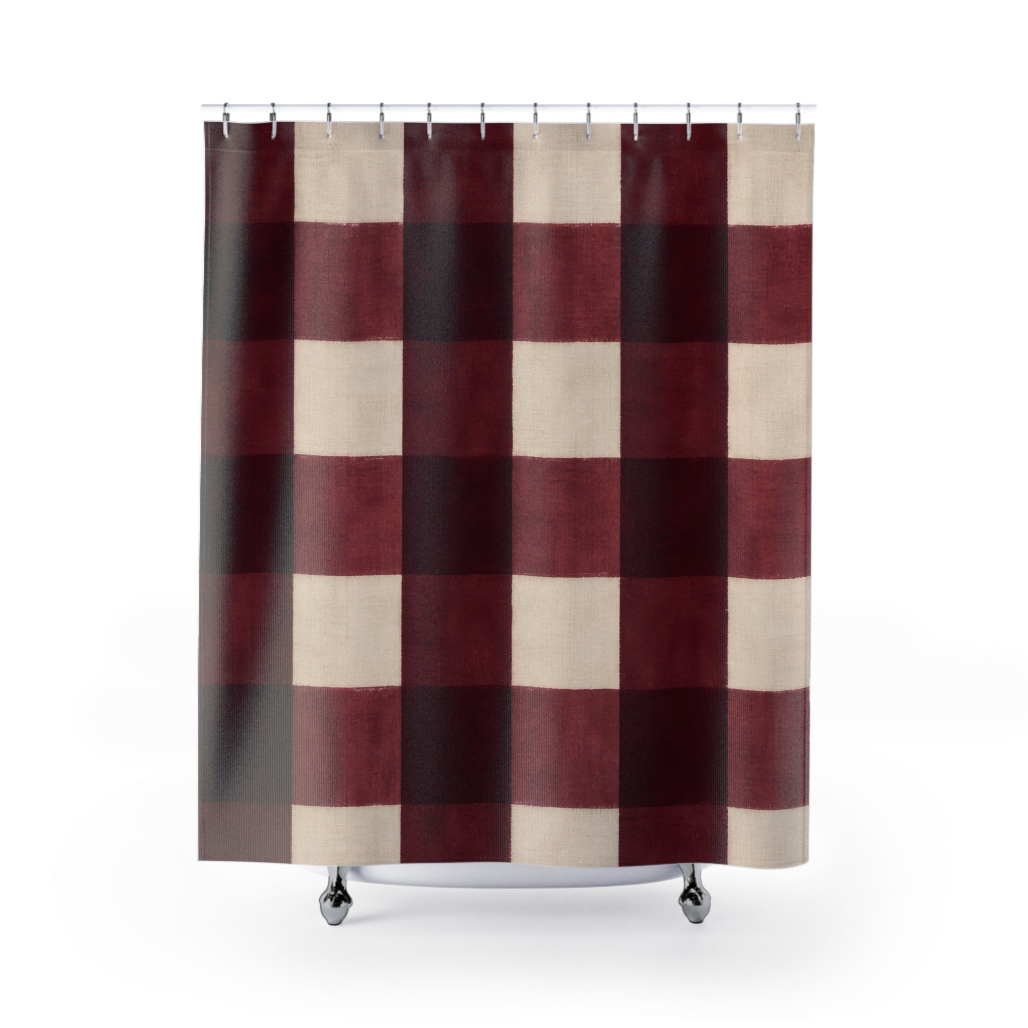 Buffalo Check Shower Curtain, Burgundy Red Cream Plaid Pattern, Farmhouse Bathroom Decor, Country Guest Bath Holiday Style