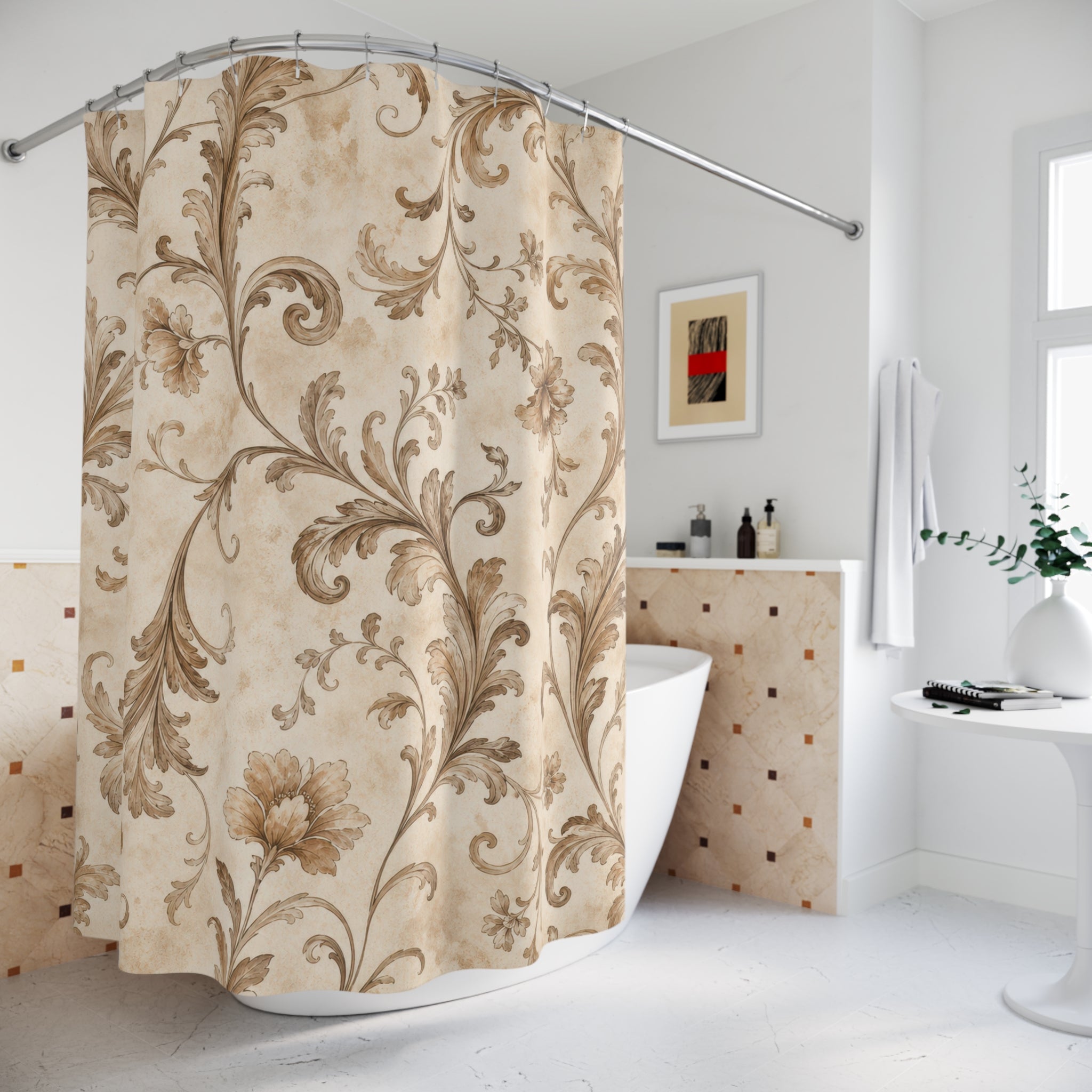 Brown Beige Scroll Vine Shower Curtain