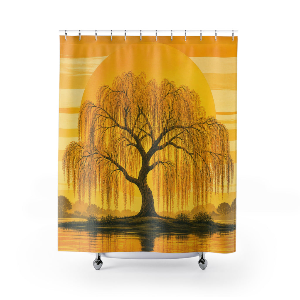 Golden willow tree silhouetted before a large sun shower curtain with full front view