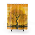 Golden willow tree silhouetted before a large sun shower curtain with full front view