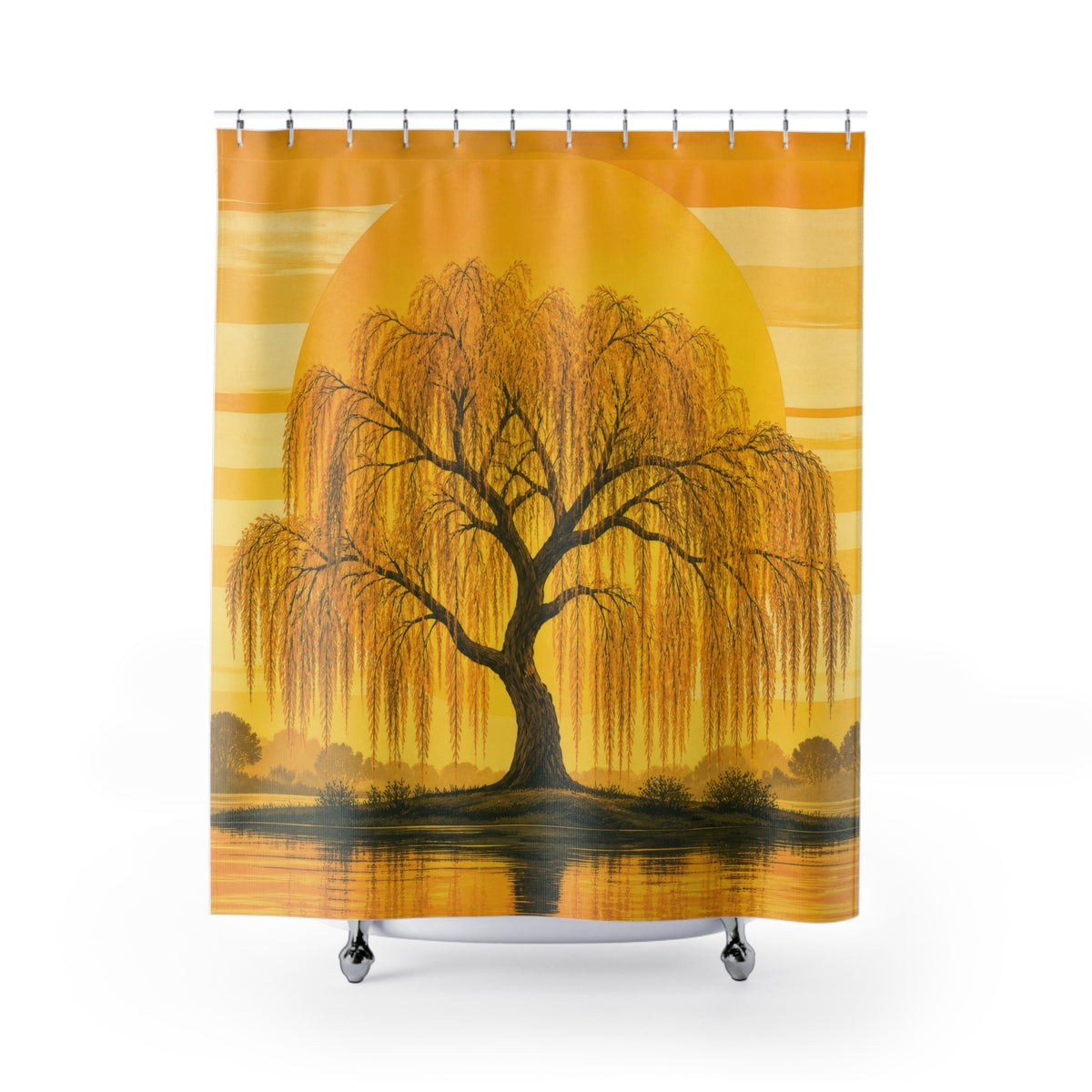 Golden willow tree silhouetted before a large sun shower curtain with full front view