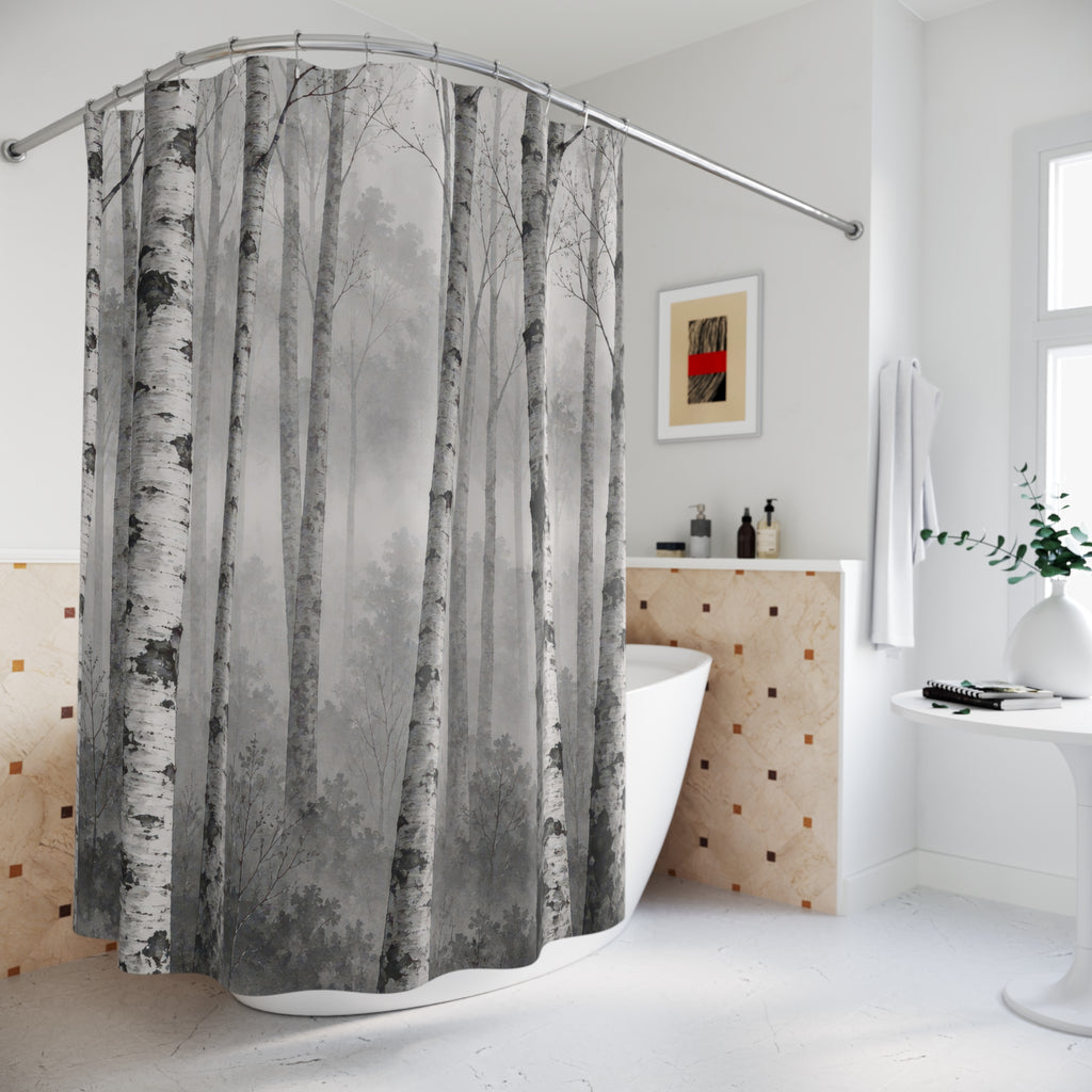 White birch tree trunks in grey mist shower curtain beside a freestanding tub
