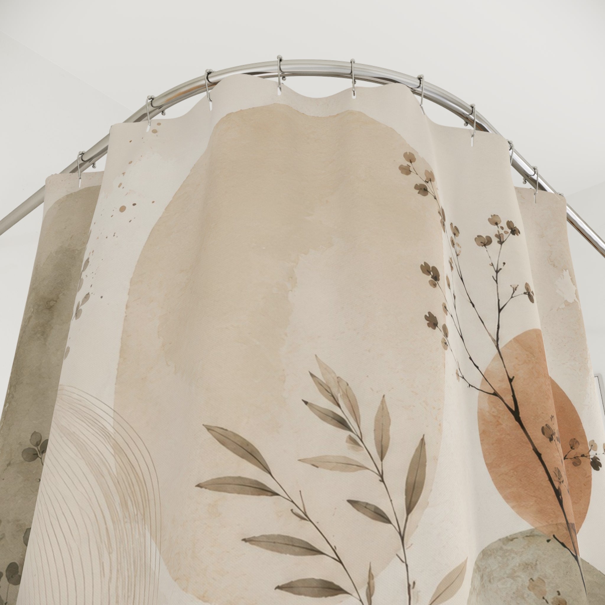 Japandi Shower Curtain: Sage Green Beige Botanical Abstract
