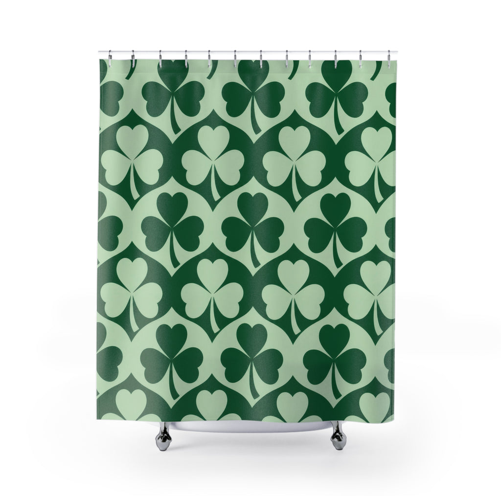 Emerald and mint green shamrock pattern shower curtain with full front view