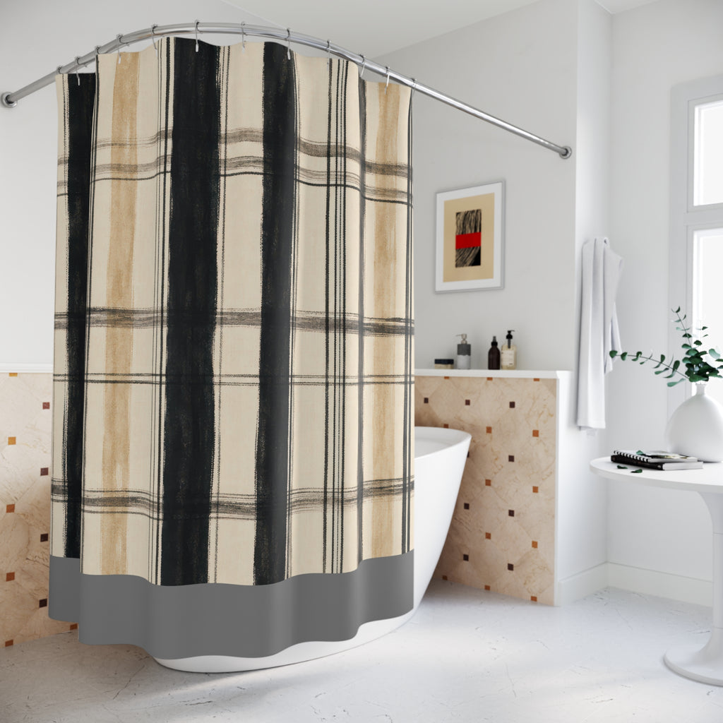 Beige Tan Windowpane Check Shower Curtain