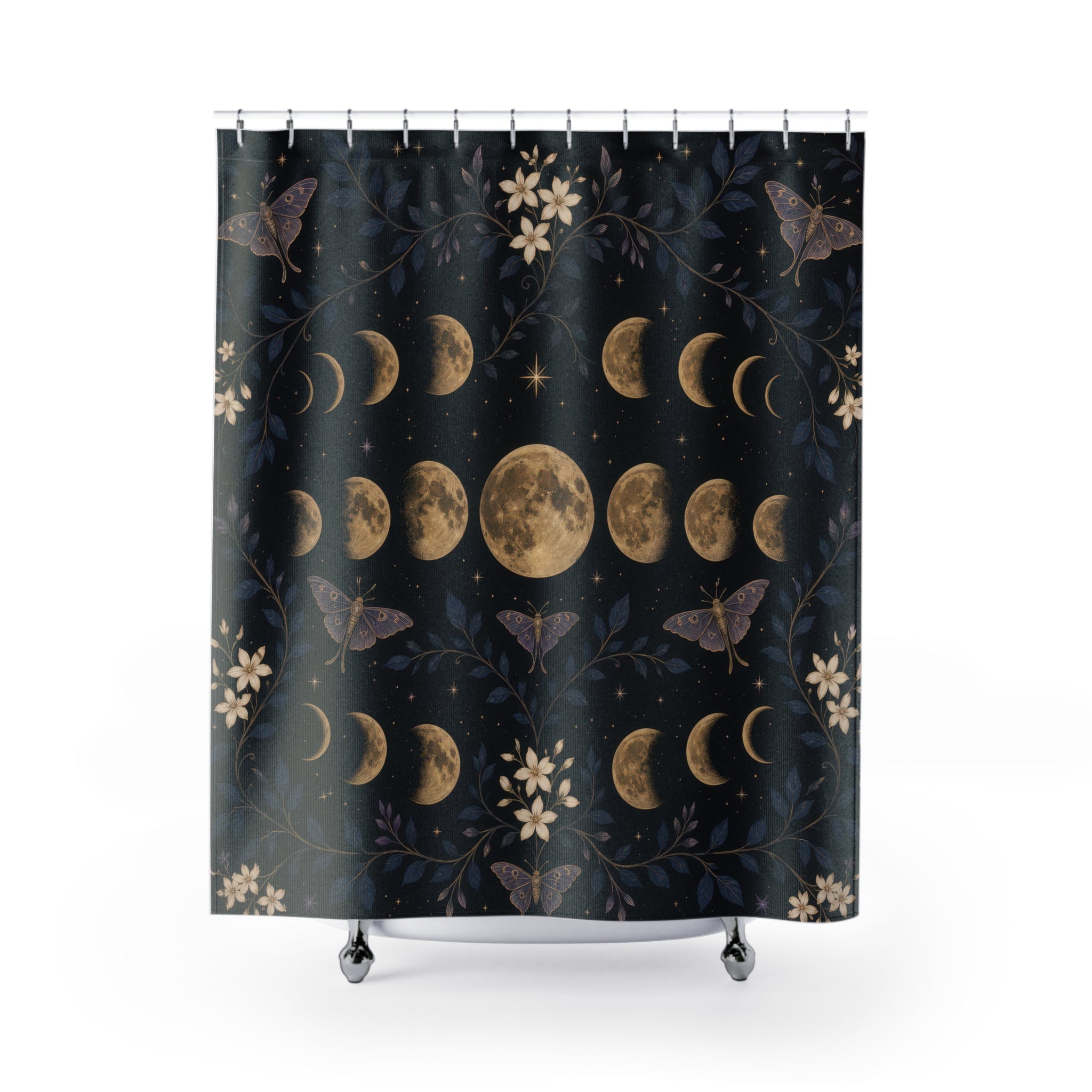 Moon Phases Shower Curtain, Botanical Lunar Cycle with Moths