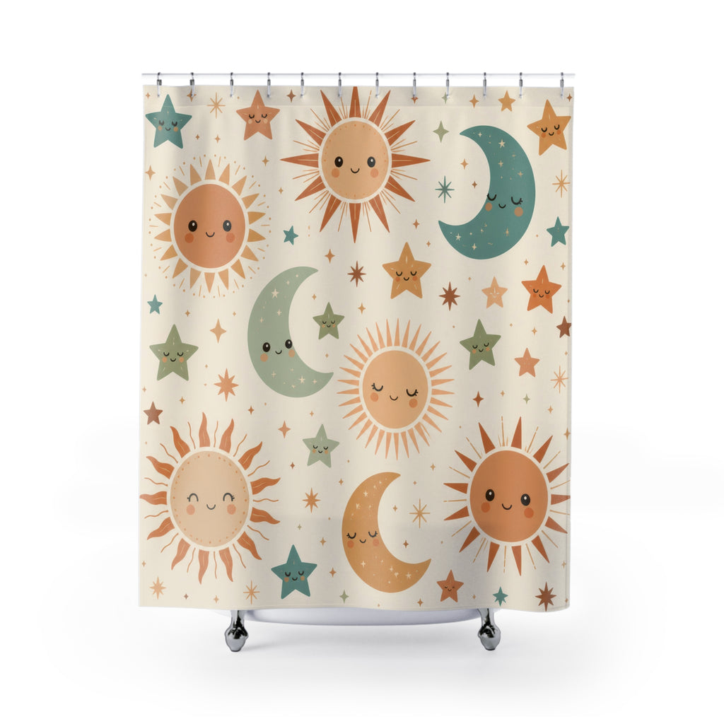 Smiling terracotta suns sage moons and stars on cream shower curtain, full front view