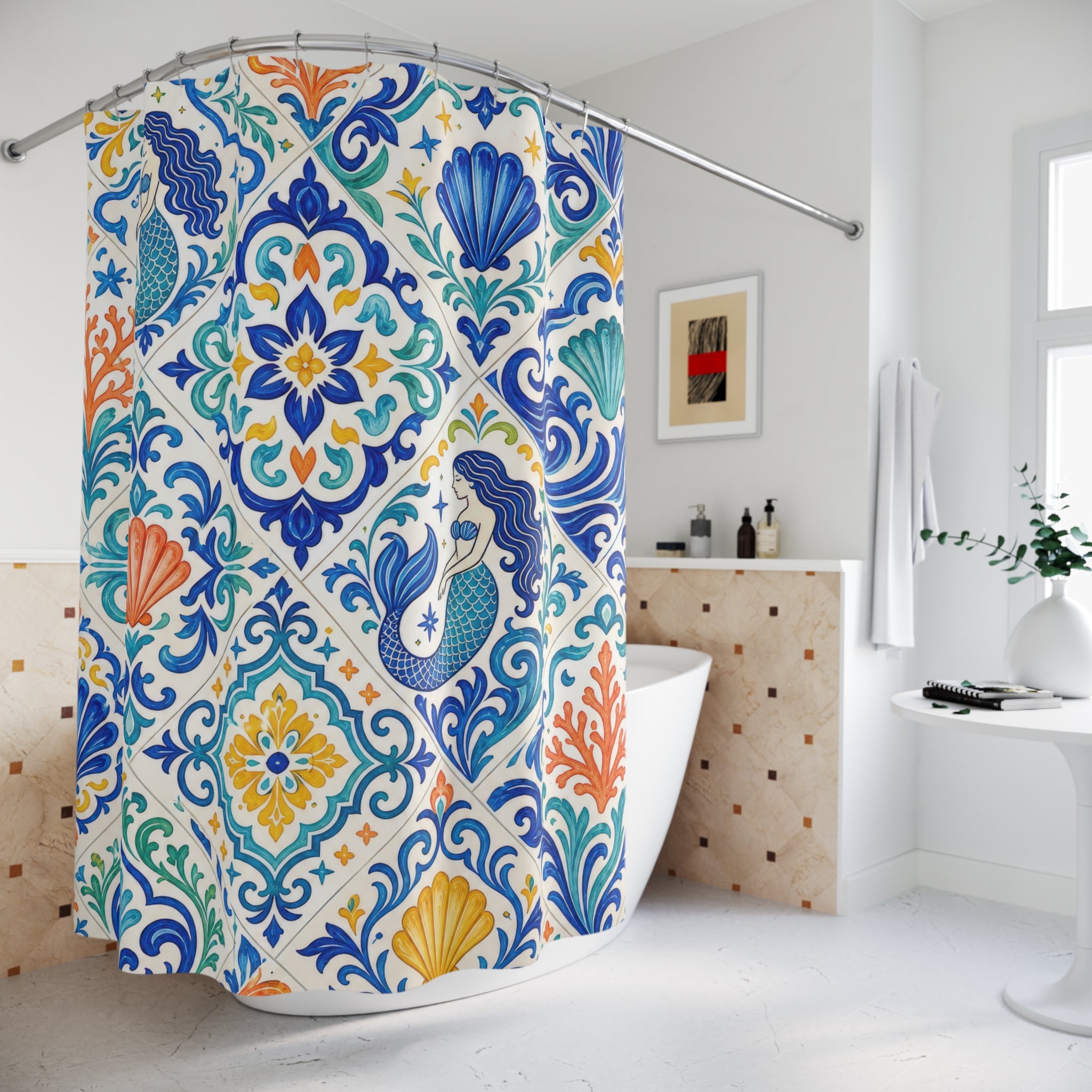 Blue Talavera Shell Tile Shower Curtain