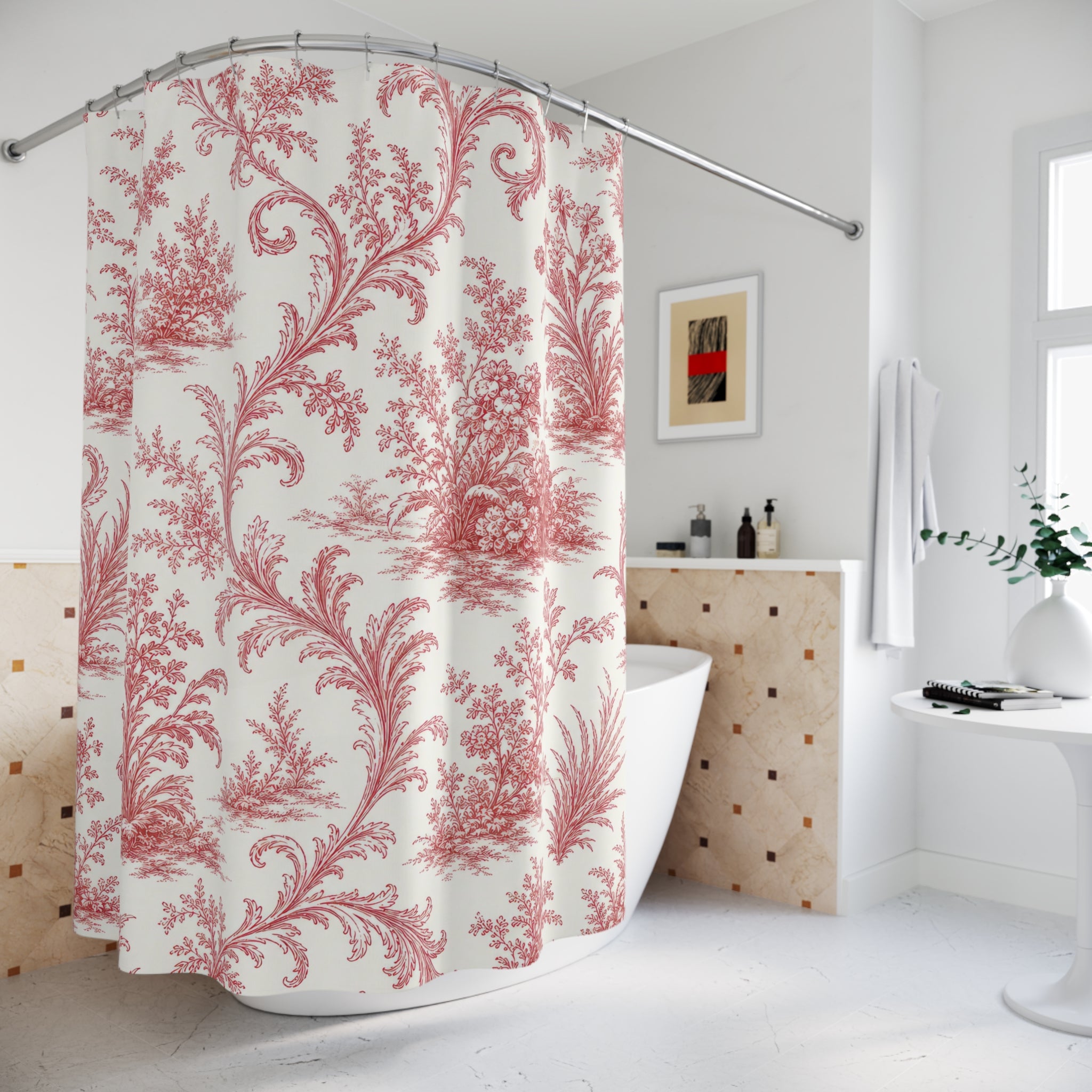 Red White Botanical Toile Shower Curtain