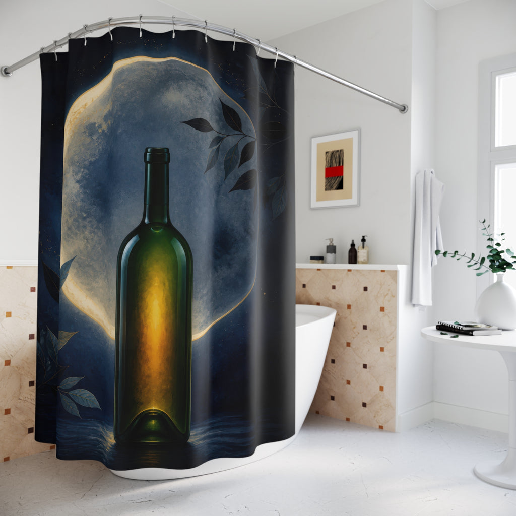 Moonlit green wine bottle with delicate leaf silhouettes shower curtain beside a freestanding tub