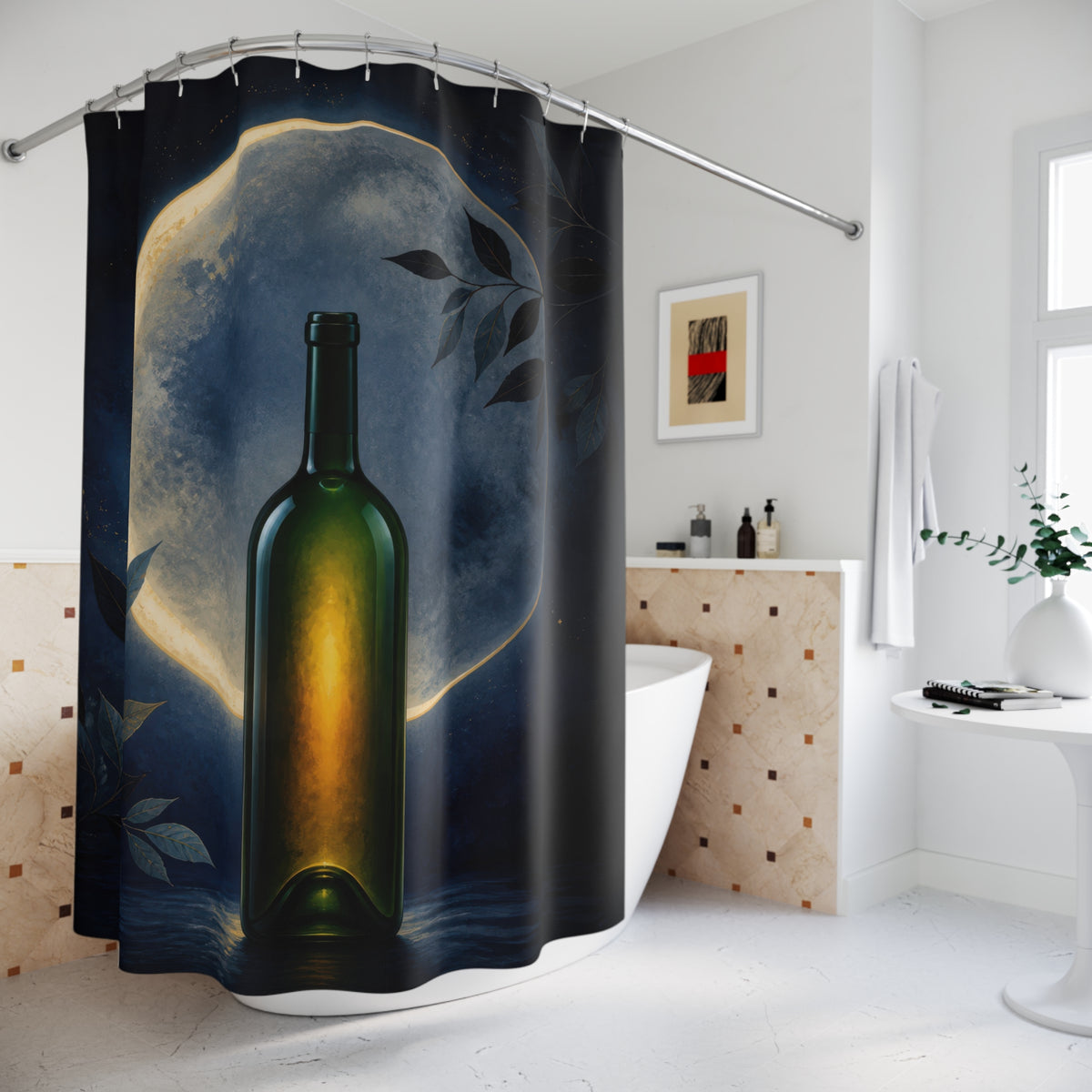 Moonlit green wine bottle with delicate leaf silhouettes shower curtain beside a freestanding tub
