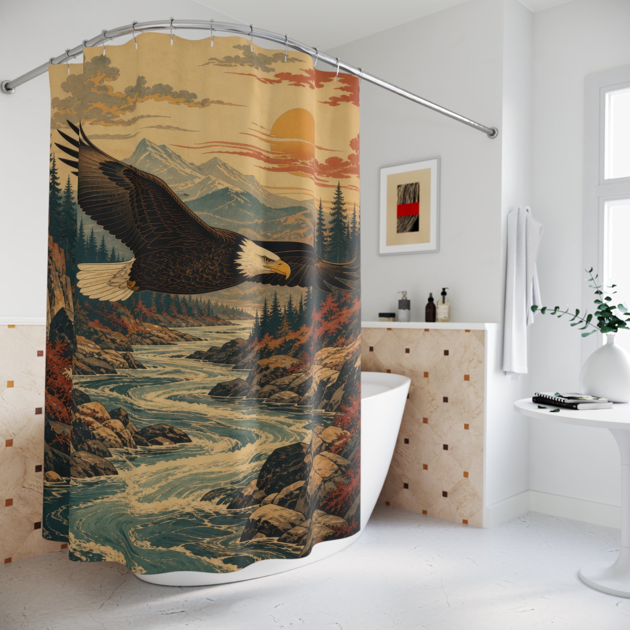 Bald eagle flying above a sunset river valley shower curtain beside a freestanding tub
