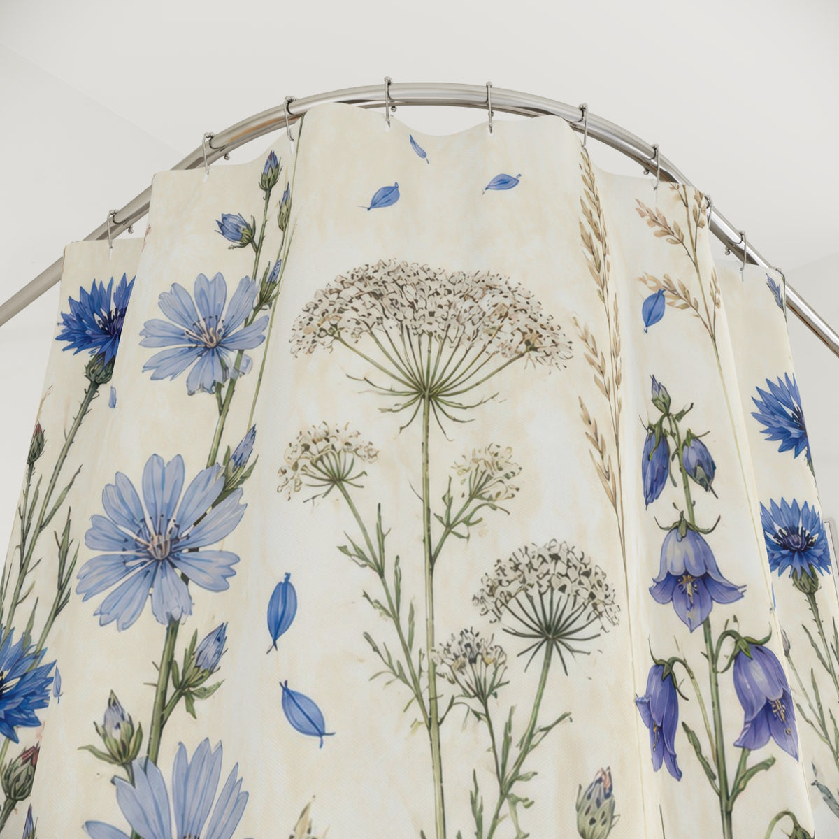 Blue wild flower field with cornflowers bellflowers and grasses shower curtain with close-up print, hooks, and folds