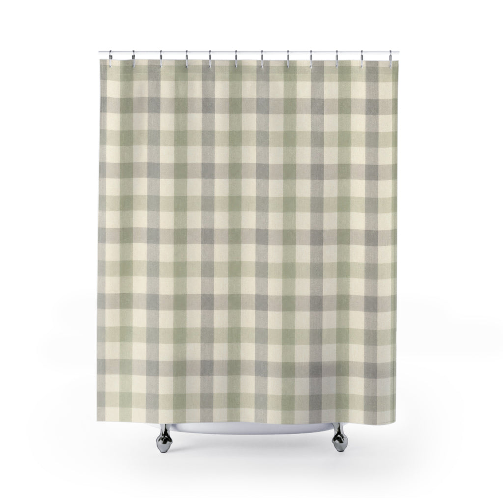 Sage Shower Curtain, Gingham Bath Decor, Gray Green Checkered Pattern, Farmhouse Guest Bathroom Decor, Sage Farmhouse Gingham Style