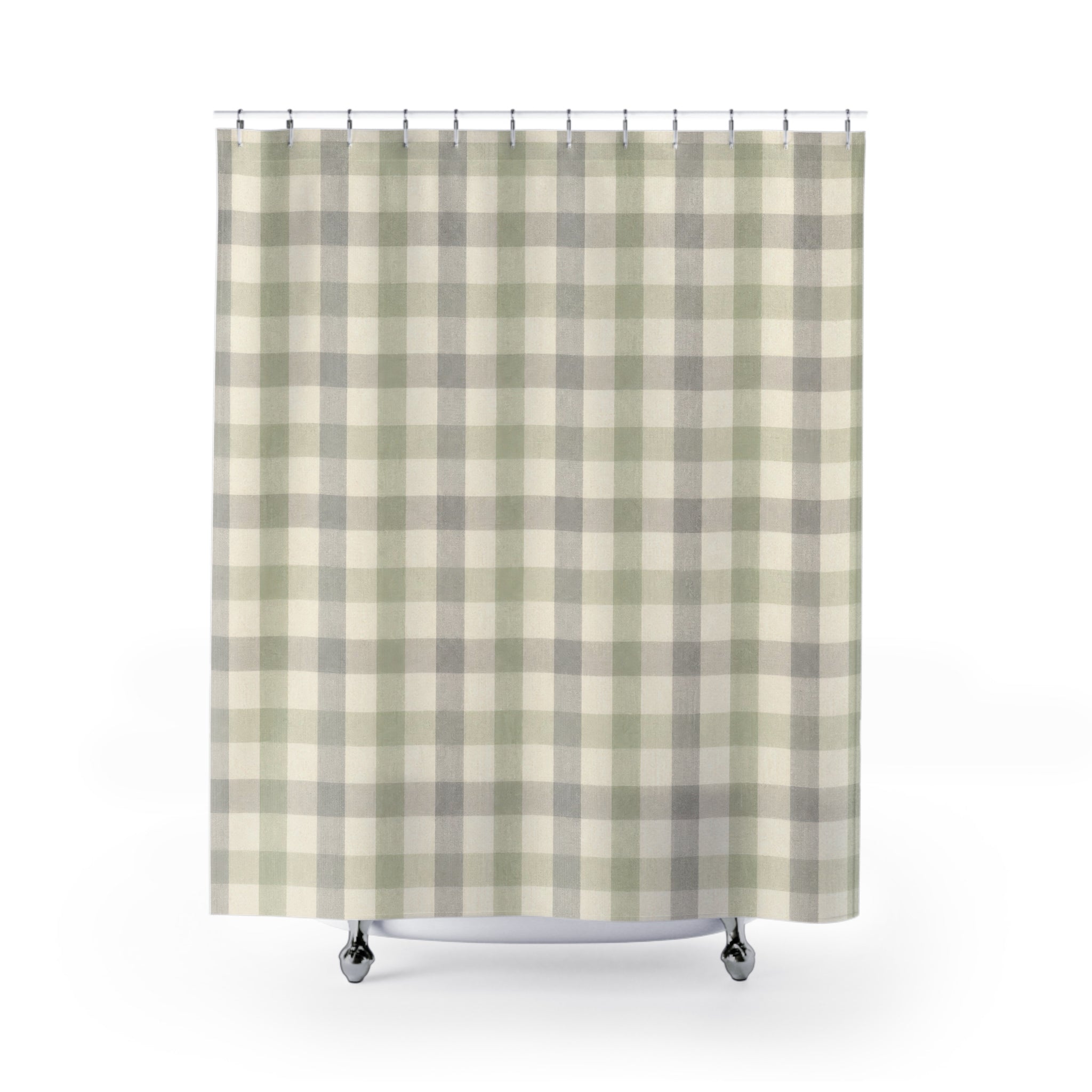Sage Shower Curtain, Gingham Bath Decor, Gray Green Checkered Pattern, Farmhouse Guest Bathroom Decor, Sage Farmhouse Gingham Style