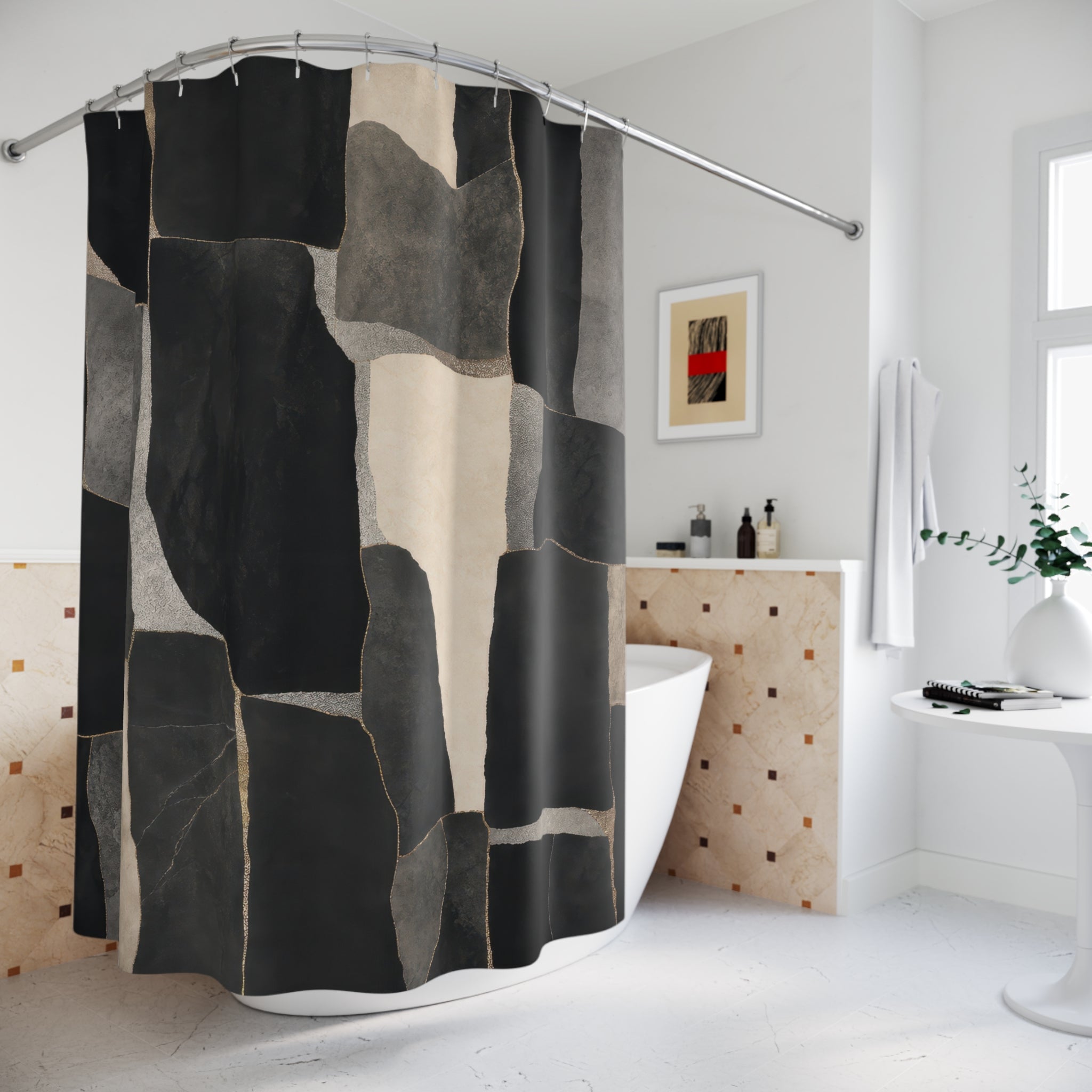 Black Gray Shower Curtain, Modern Patchwork Bath Decor, Charcoal Cream Block Pattern, Modern Abstract Neutral Guest Bathroom Decor Style